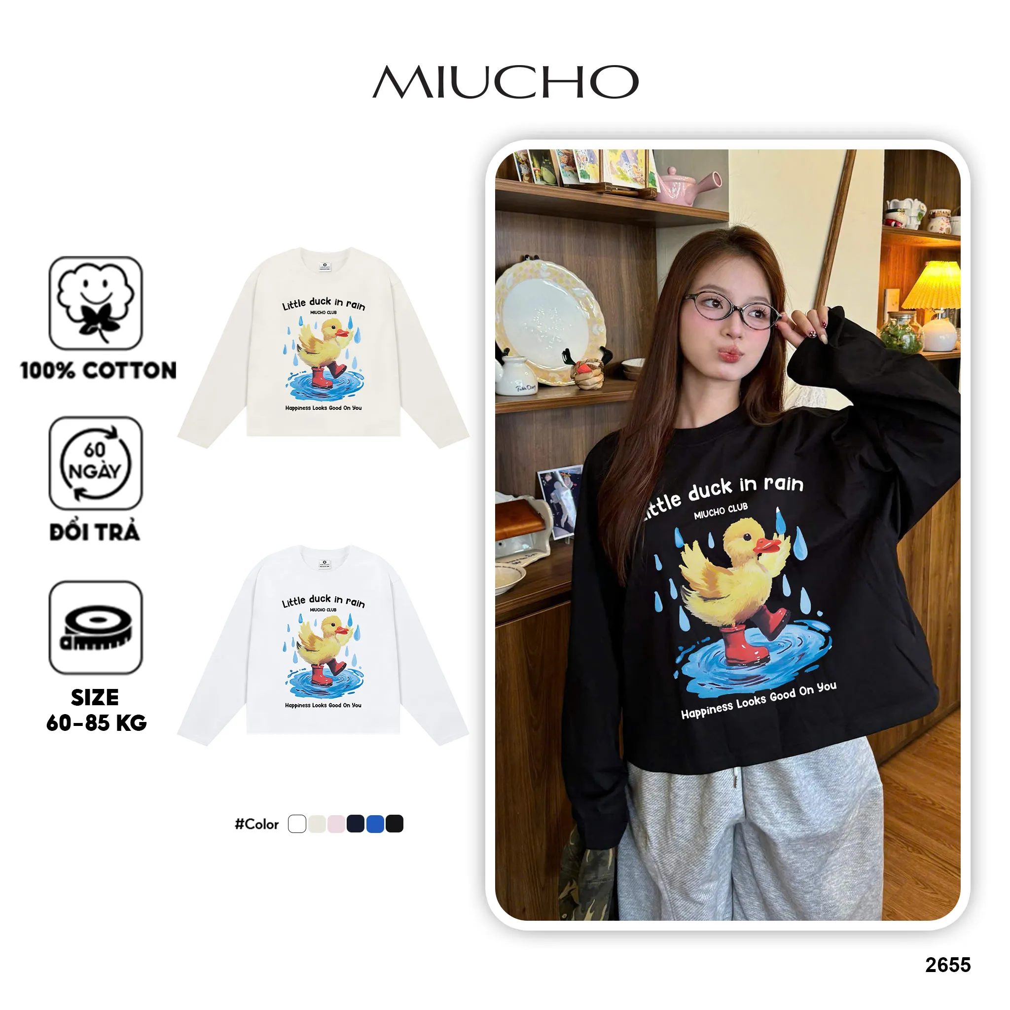 Áo thun boxy tay dài Miucho cotton co giãn 2 chiều thoáng mát cổ tròn hình Duck in mix 2655