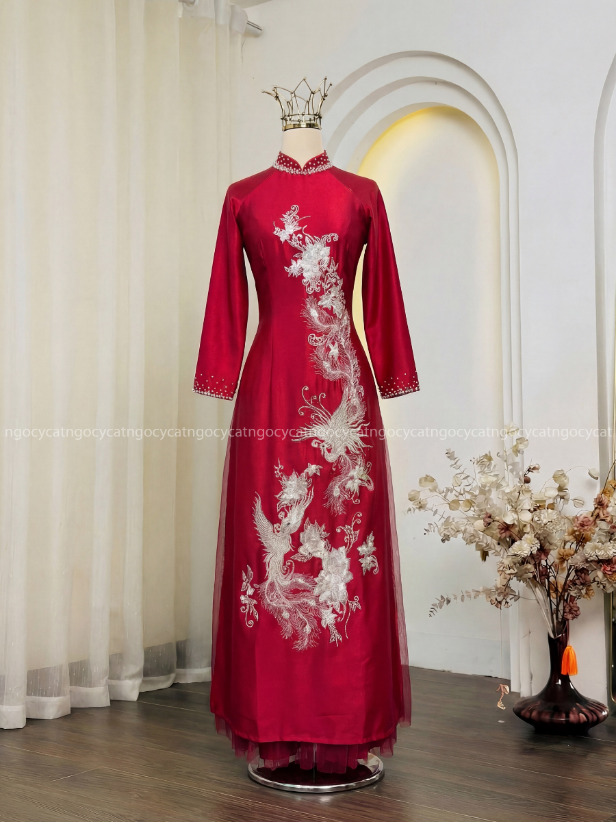 Áo Dài Bà Sui Màu Đỏ Thêu Hoa Đôi Phượng 