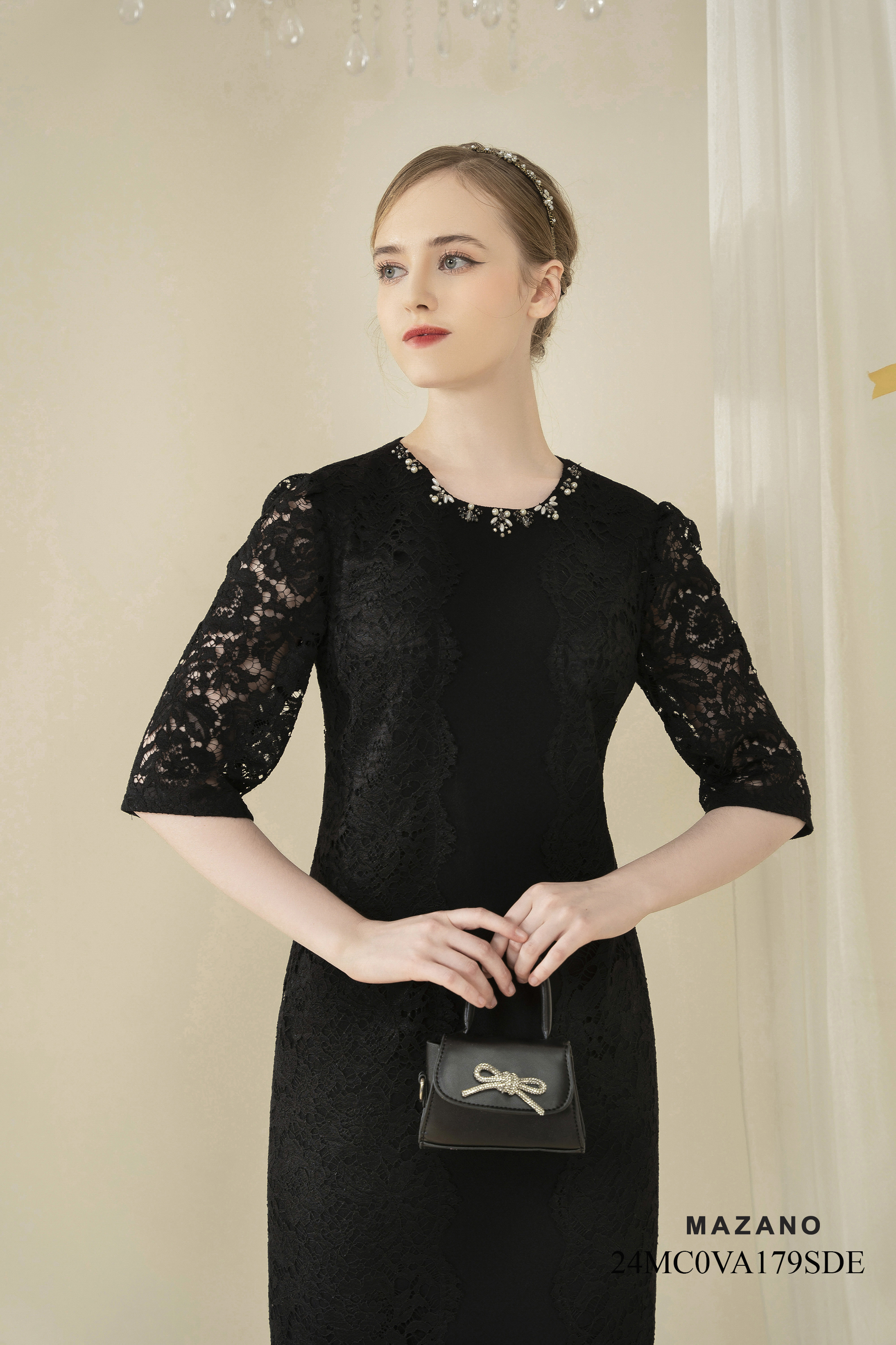 Váy Đầm suông Vải Thô phối Ren trang trí Cổ tròn đính đá Dài tới bắp chân_thumbnail_5