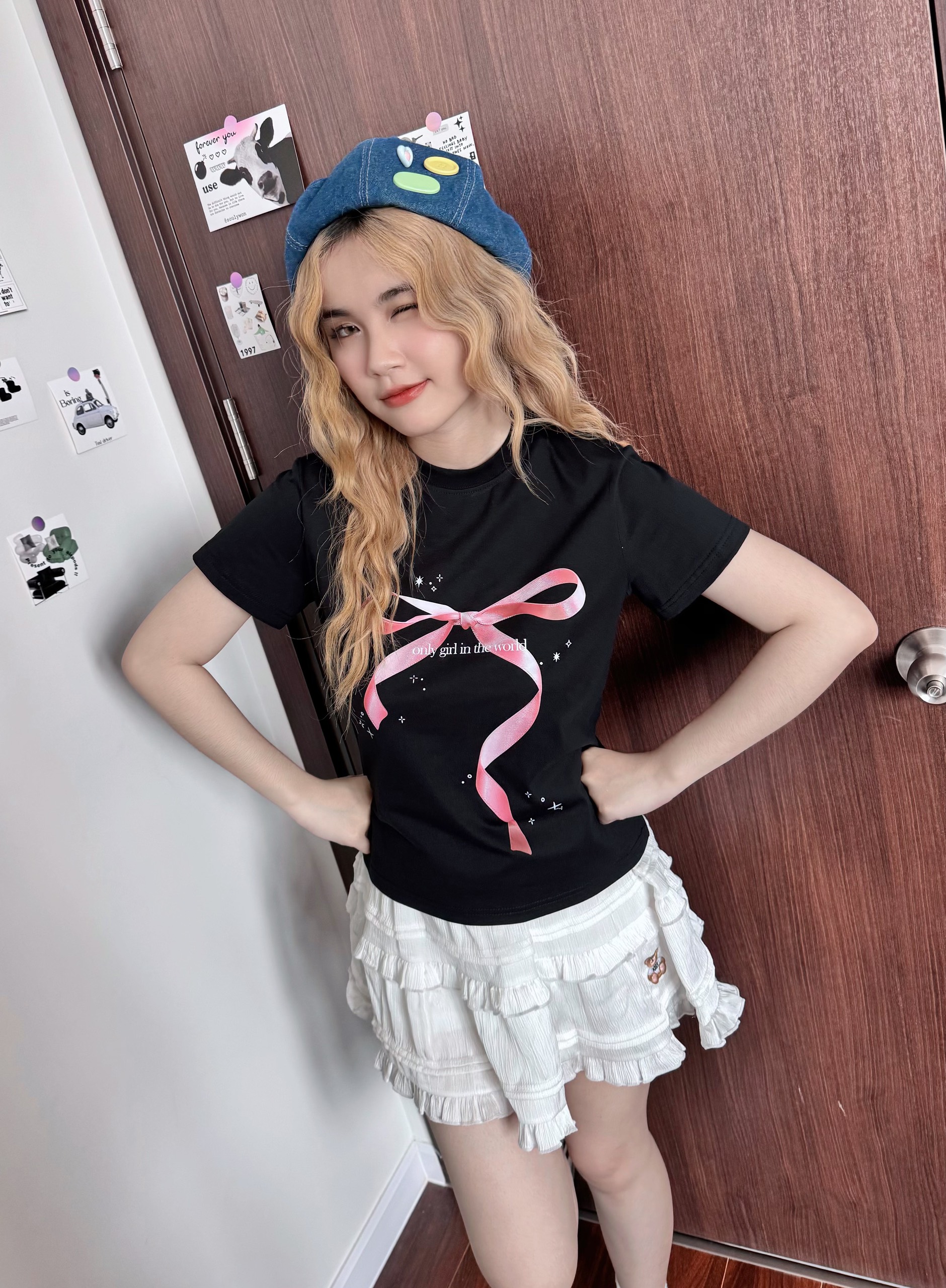 Áo thun baby tee hình nơ form ôm xinh xắn ABD849 Miucho tay ngắn vải Cotton Cổ tròn hotrend in basic_thumbnail_6