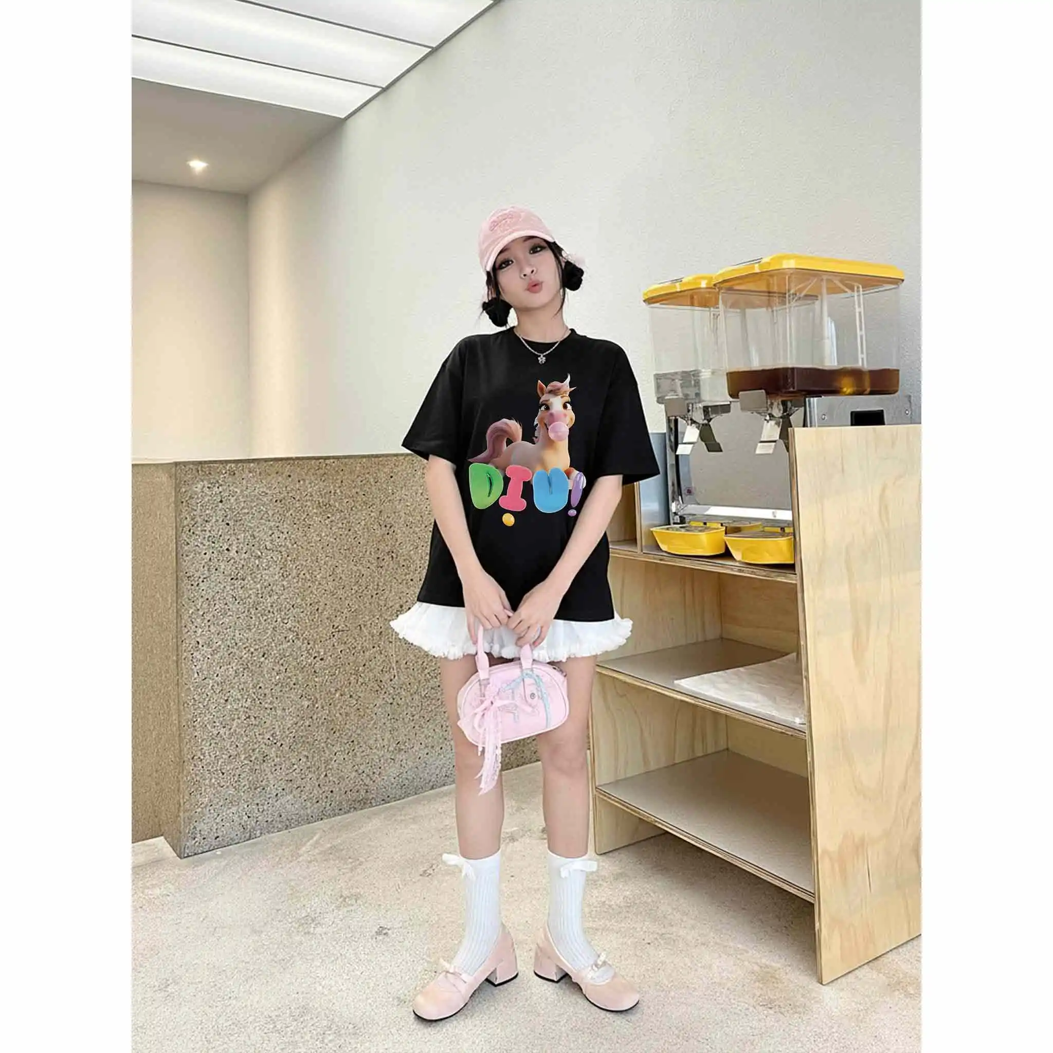 Áo thun nữ form boxy Miucho Club cotton dày dặn thoáng mát cổ tròn hình ngựa dễ thương in mix 2828_thumbnail_7