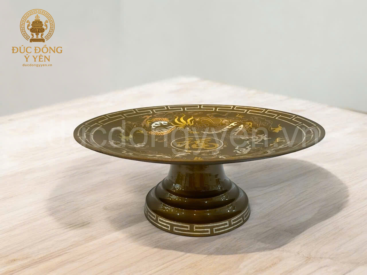 Mâm bồng đúc đồng đỏ khảm tam khí 