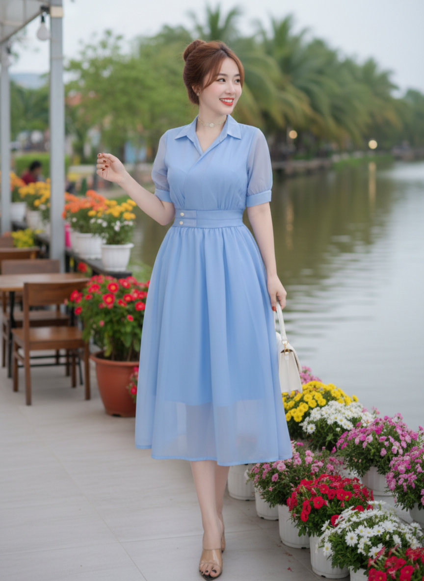 Đầm xòe cổ sơ mi nhún eo_thumbnail_1