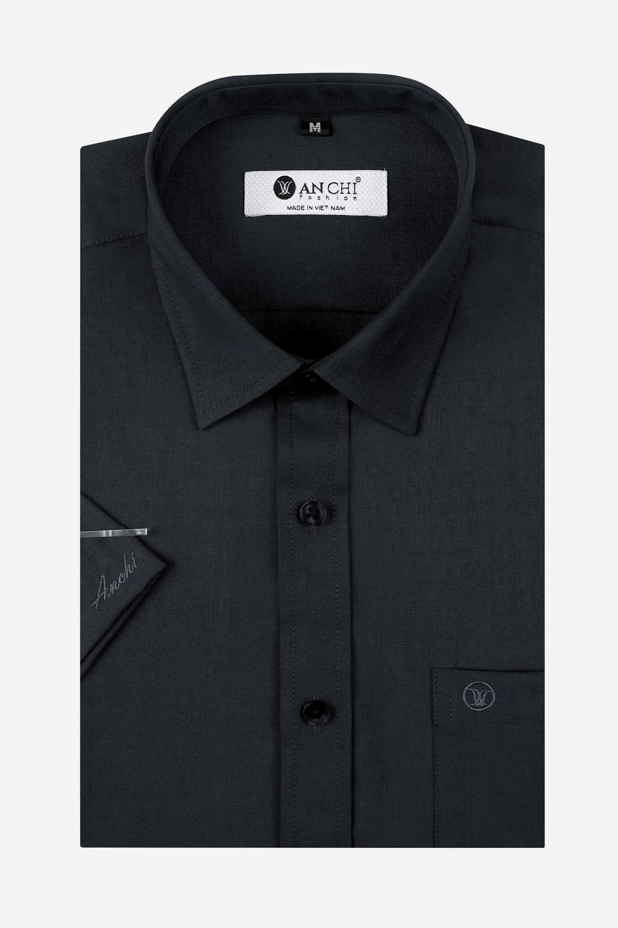 Áo Sơ Mi Trơn Cộc Tay Nam Trung Niên ANCHI Chất Liệu Sợi Gỗ Thoáng Mát Màu Đen