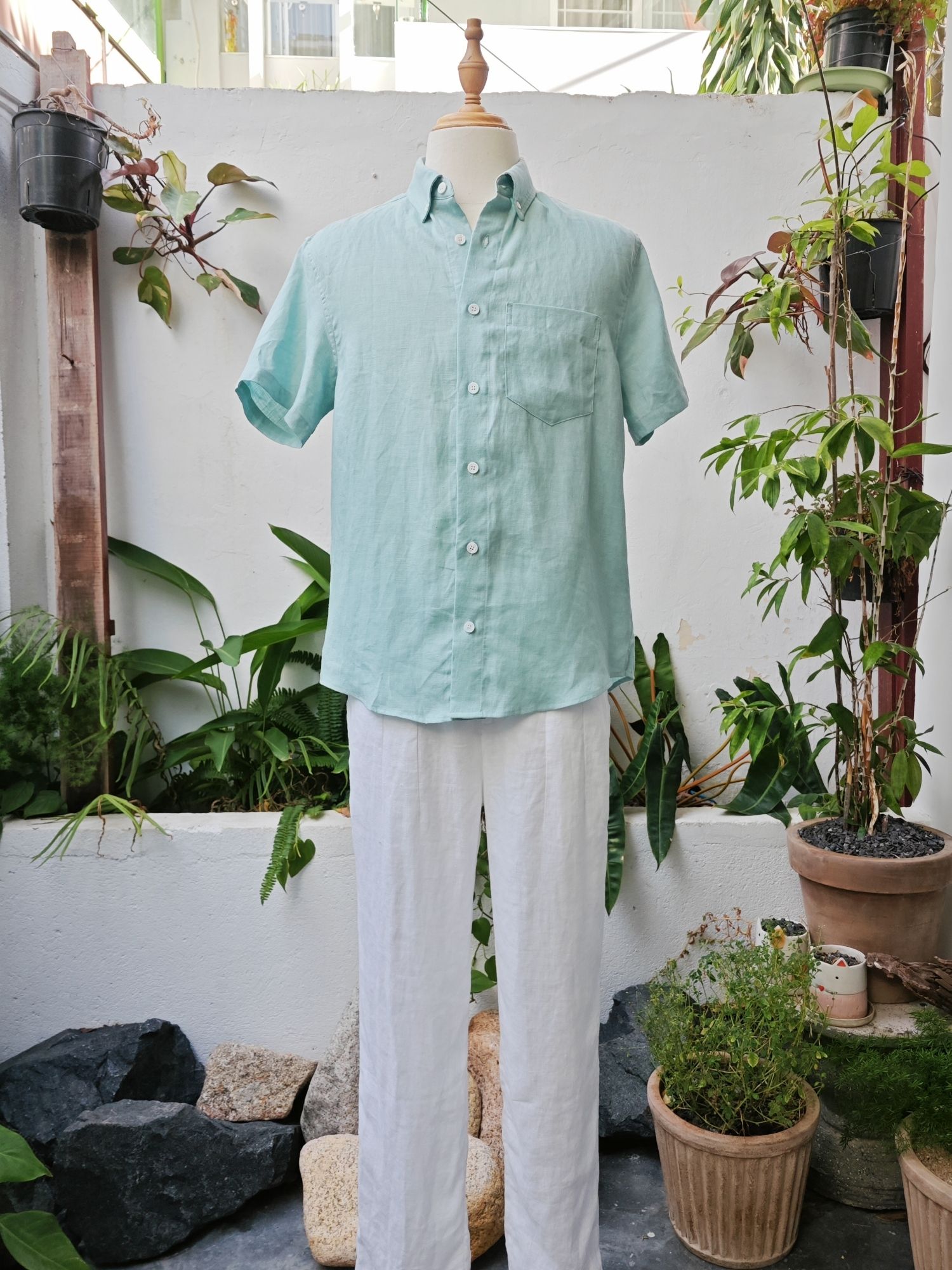 Sơ mi 100% linen tay ngắn cổ kiểu Đức