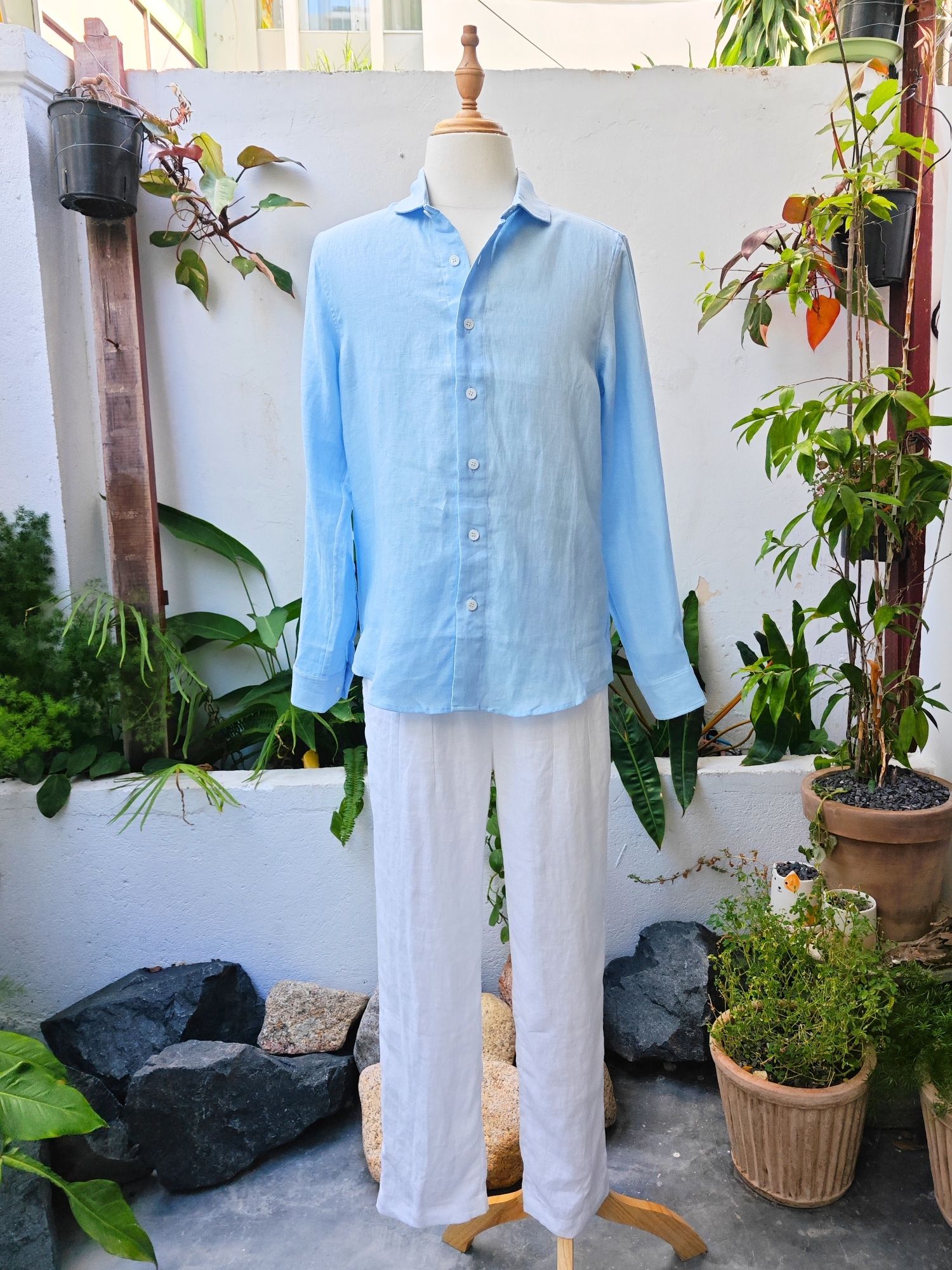 Sơ mi 100% linen tay dài cổ kiểu Ý