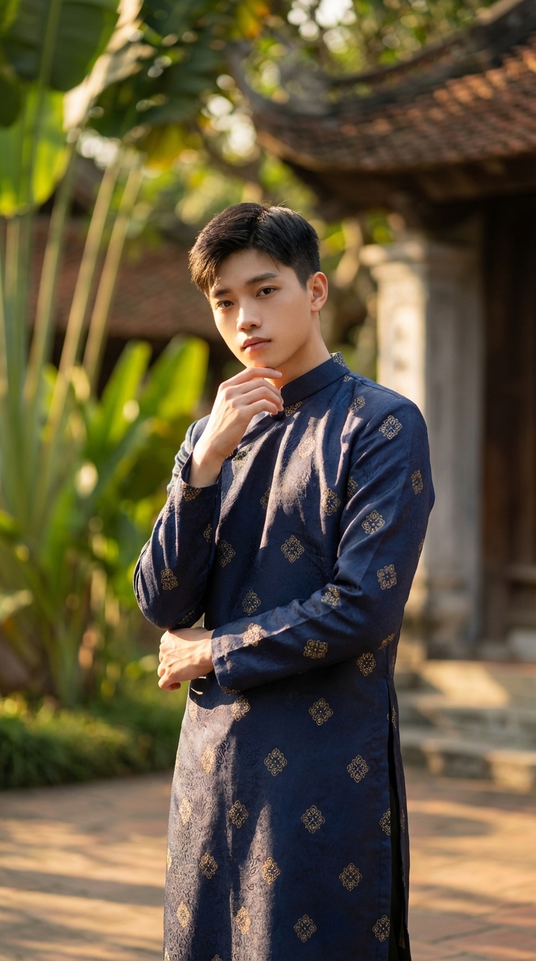 Áo Dài Nam Xanh Navy Gấm Họa Tiết Truyền Thống_thumbnail_1