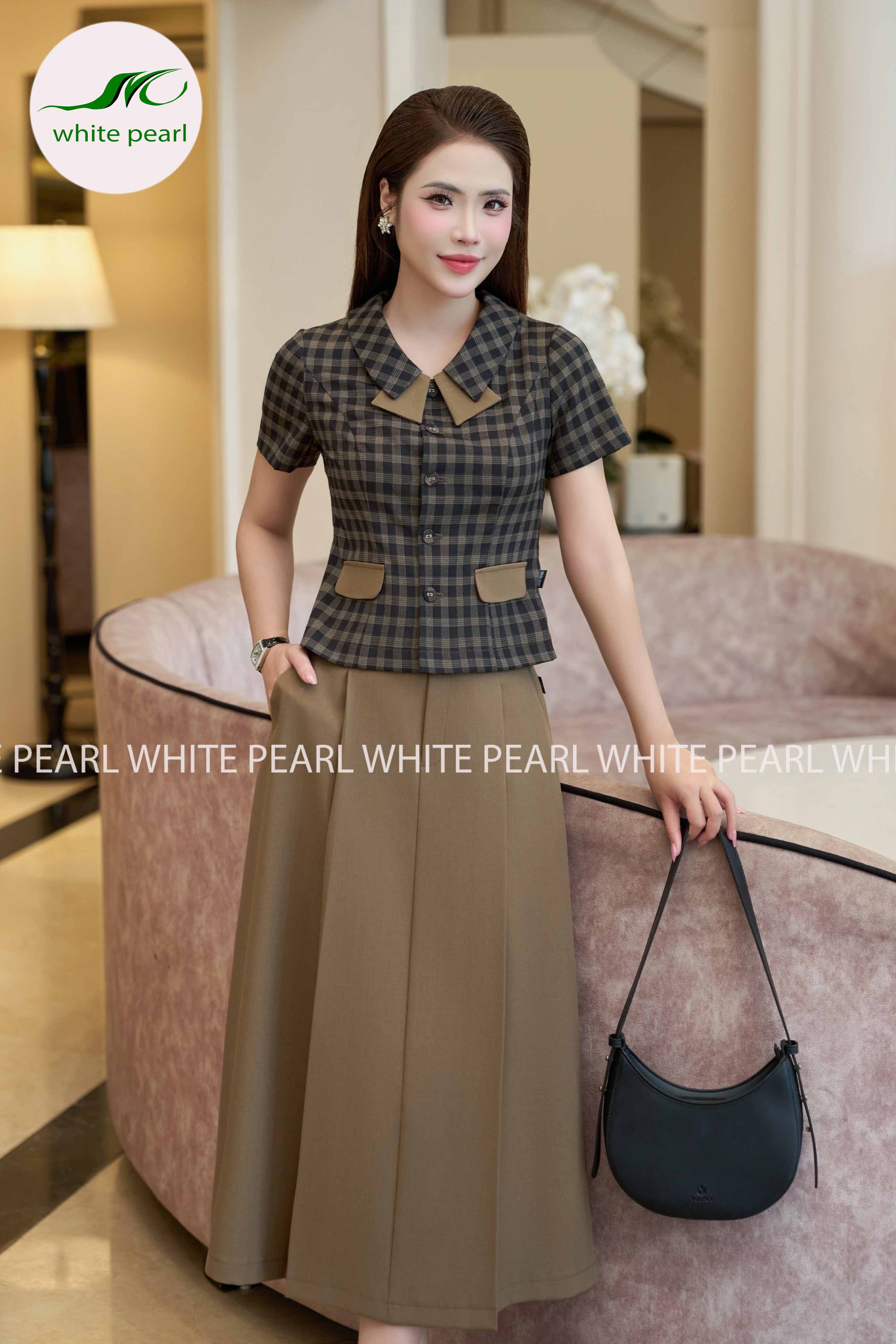 SET ký giả áo cổ sen vuông kết hợp chân váy thời trang công sở cao cấp White Pearl_thumbnail_2