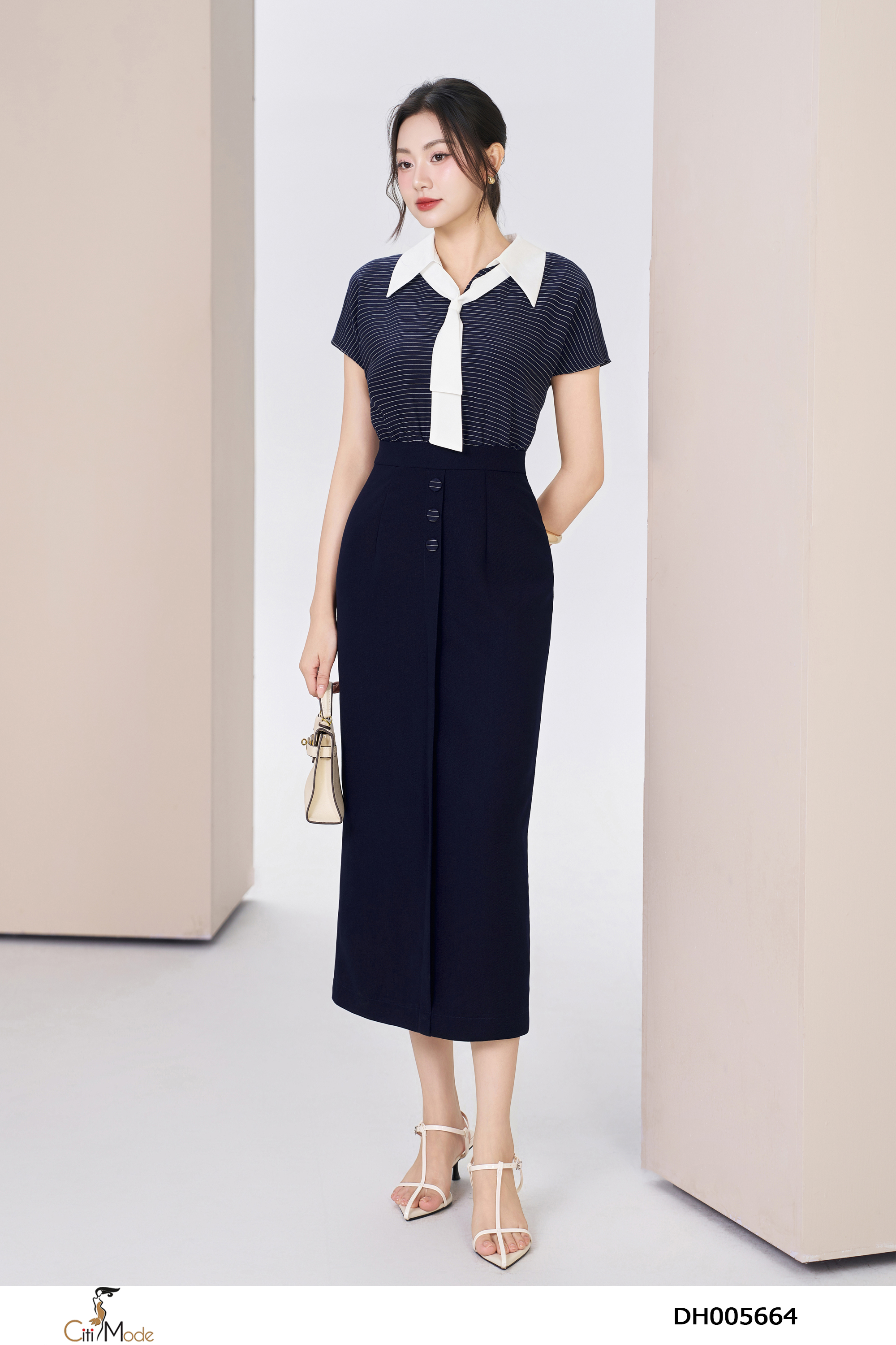 Đầm ôn tím than phối kẻ cổ đức vạt nơ