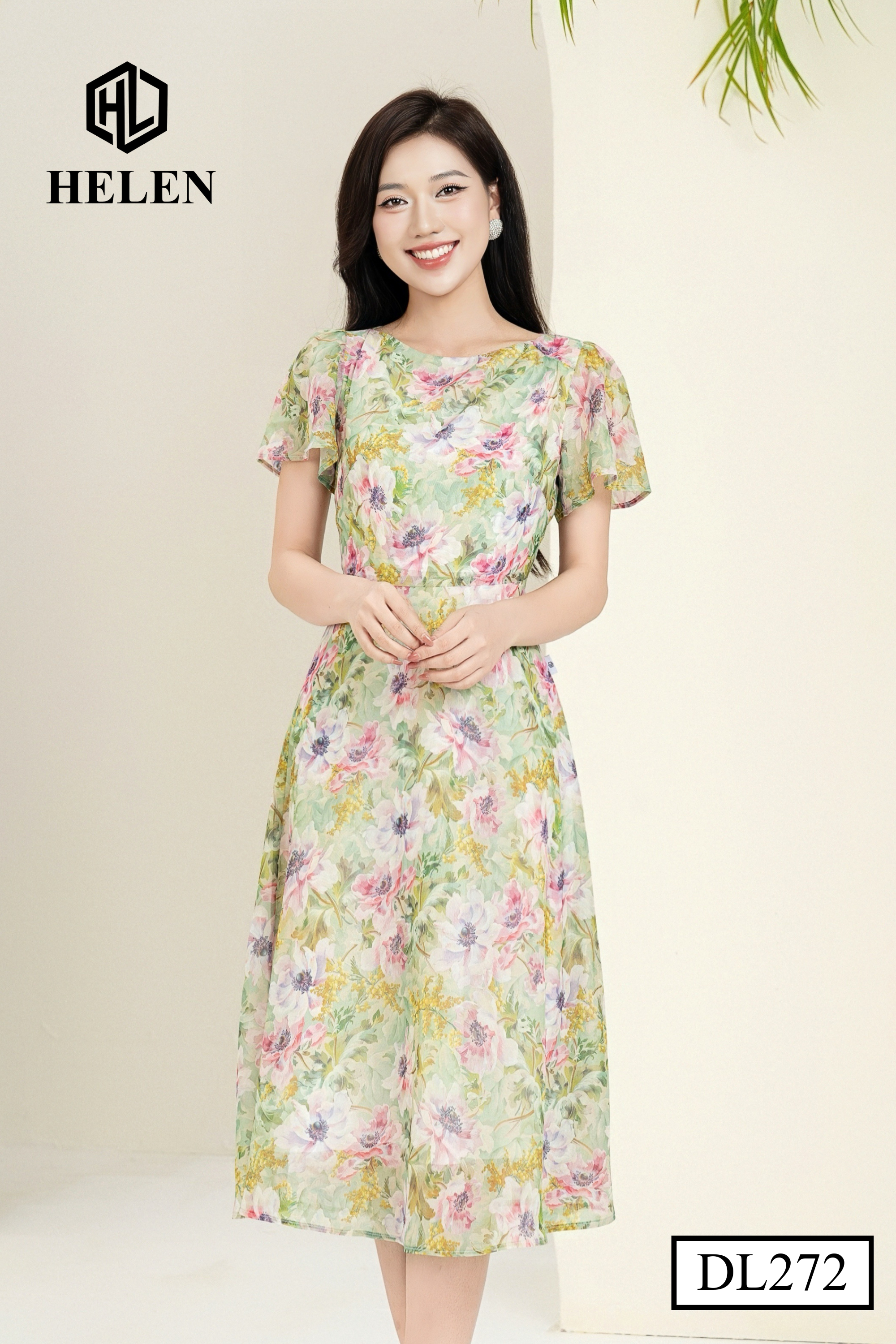 Đầm xòe hoa xanh cổ thuyển nhún vai DL272