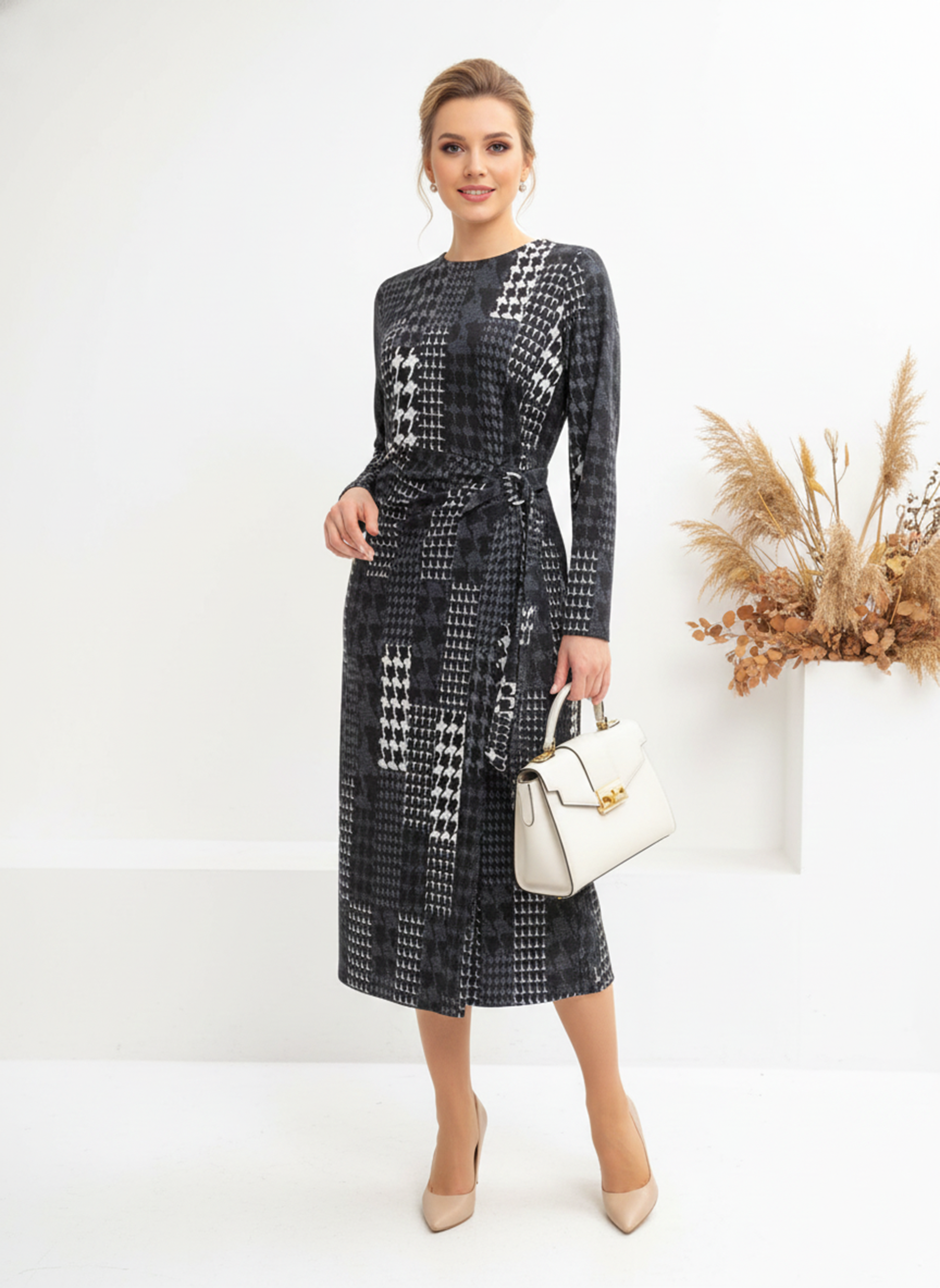 Váy đầm ôm Vải len Họa tiết hoa cách điệu Cổ tròn  Tay  dài Dài đến bắp chân