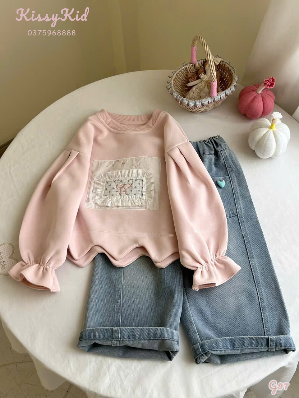 (G97) Áo nỉ hồng thêu hoạ tiết tay bo chun viền sóng_thumbnail_0