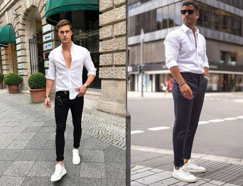 Quần âu áo sơ mi đi cùng với giày thể thao là một sự kết hợp vô cùng độc đáo và thú vị