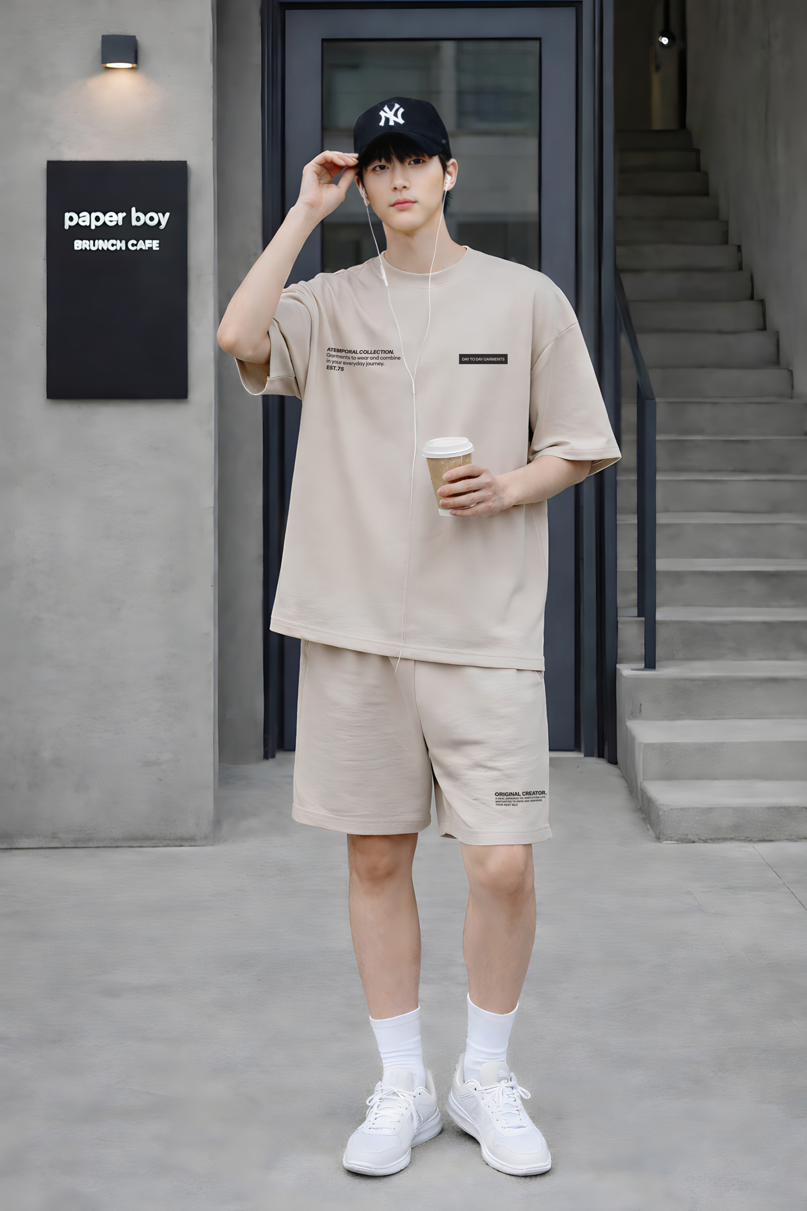 Áo phông bé trai dáng rộng màu be in hình