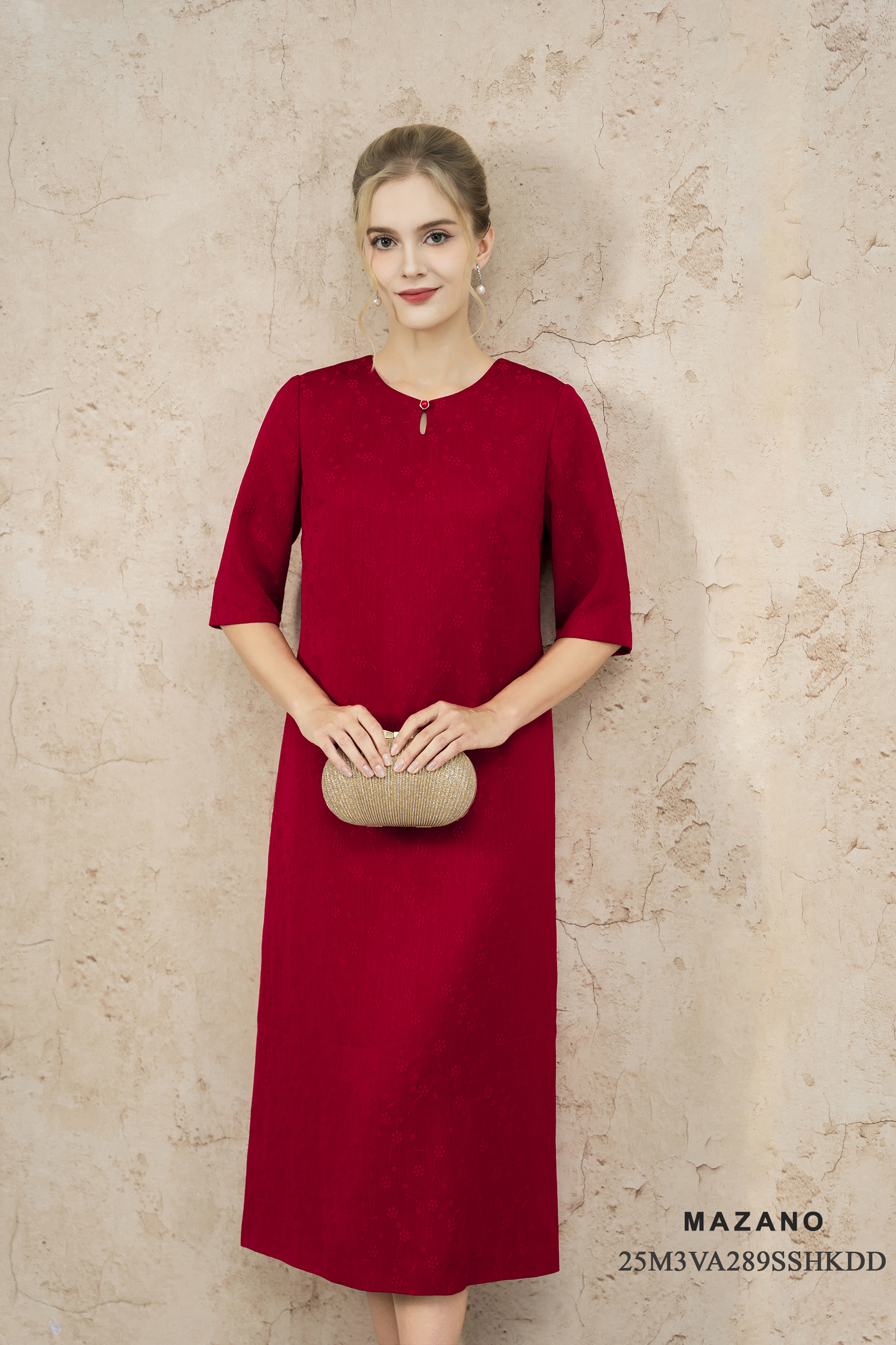 Váy Đầm Suông A Vải lụa Hoạ tiết hoa nhí in chìm Cổ tròn Tay lỡ Dài qua bắp chân_thumbnail_2