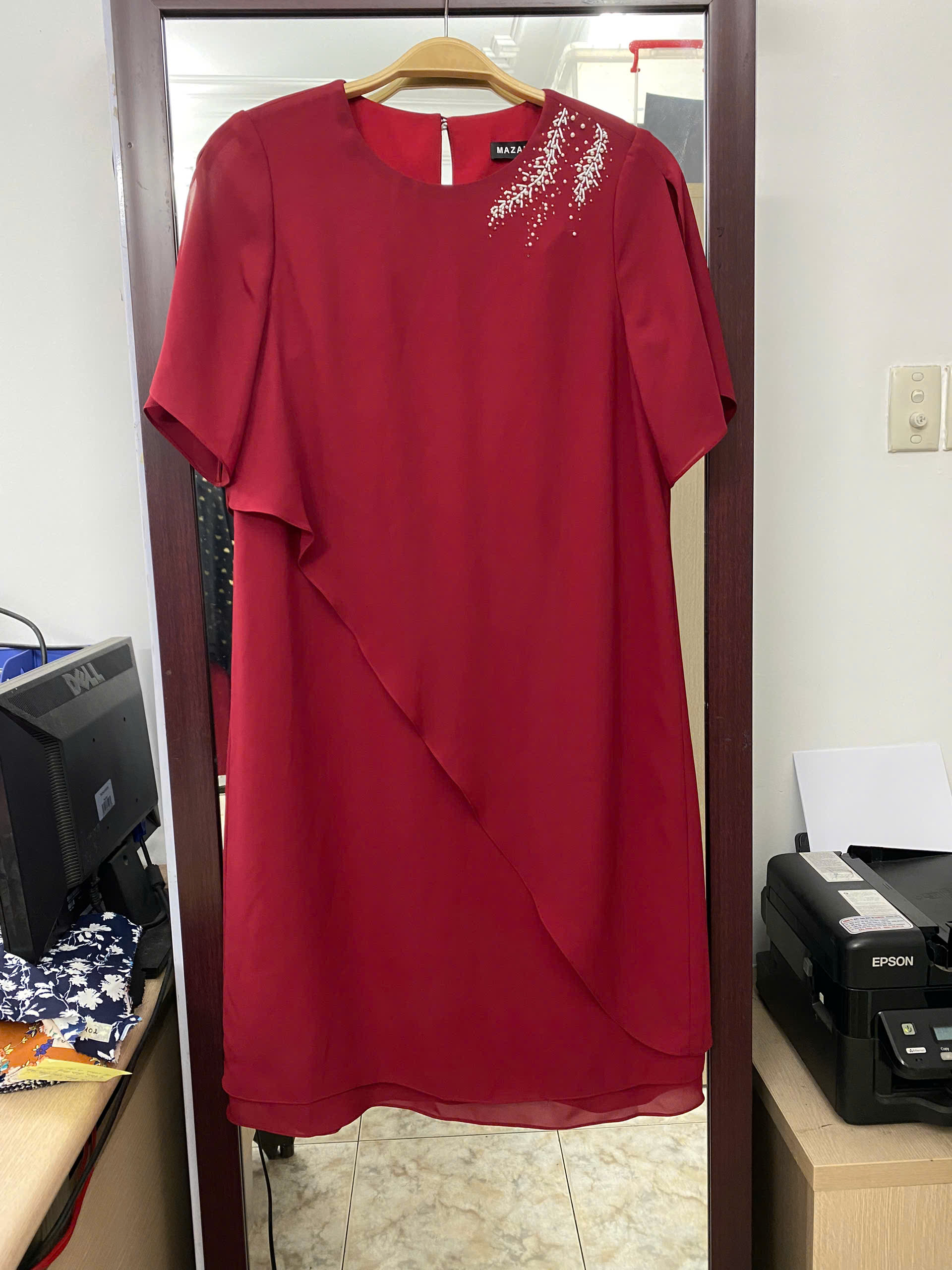 Váy đầm suông layer vải voan dày Đính trang trí Cổ tròn Tay ngắn cách điệu dài váy qua gối_thumbnail_0