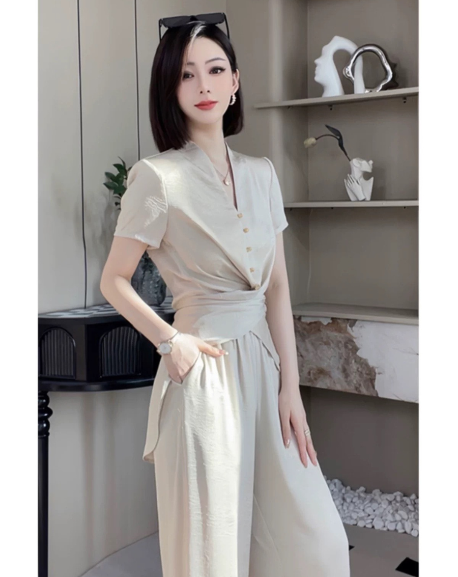 Set bộ áo phom dài chéo eo phối quần dài ống rộng phong cách_thumbnail_3