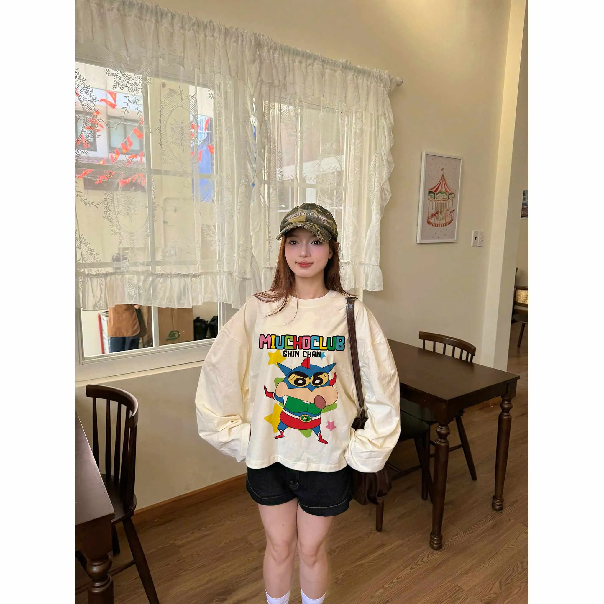Áo thun boxy tay dài SHIN CHAN 2641 Miucho vải cotton co giãn 2 chiều thoáng mát thấm hút tốt_thumbnail_3
