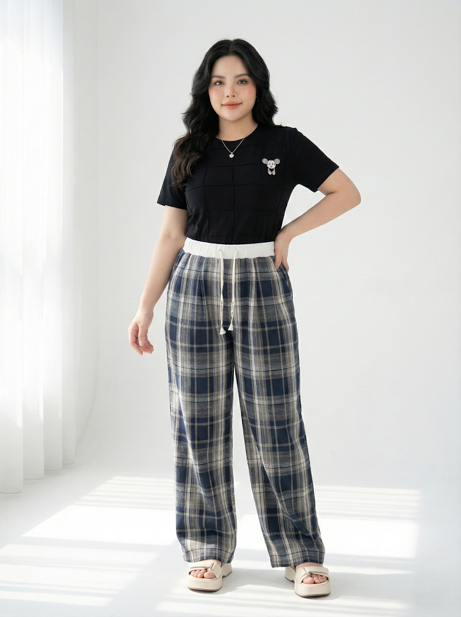 Quần suông nỉ caro phối lưng kiểu bigsize QD032 dành cho nàng mũm mĩm từ 55-95kg