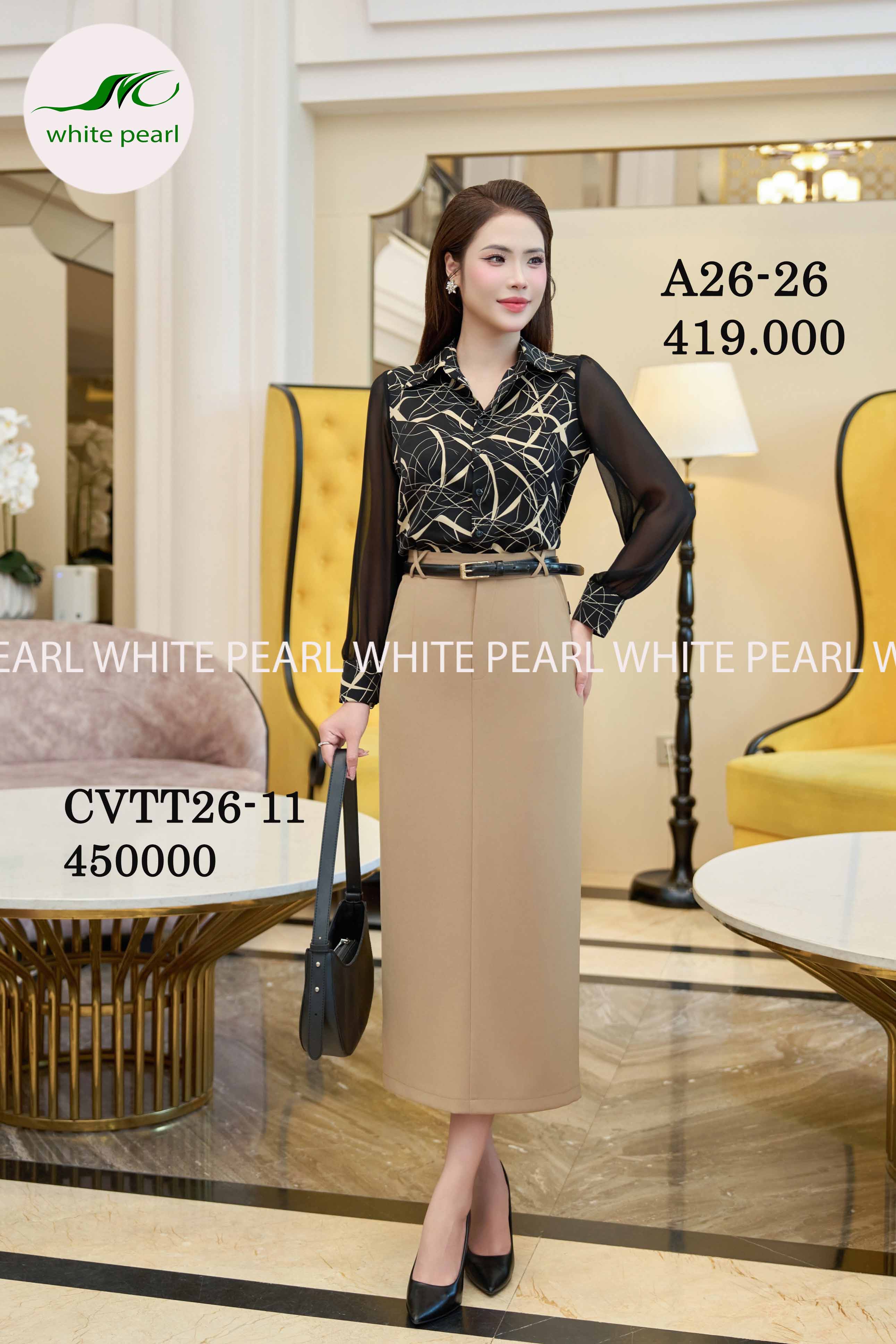 SET áo sơ mi cổ đức pha tay kết hợp chân váy ôm suông đỉ X Thời trang công sở cao cấp White Pearl _thumbnail_0