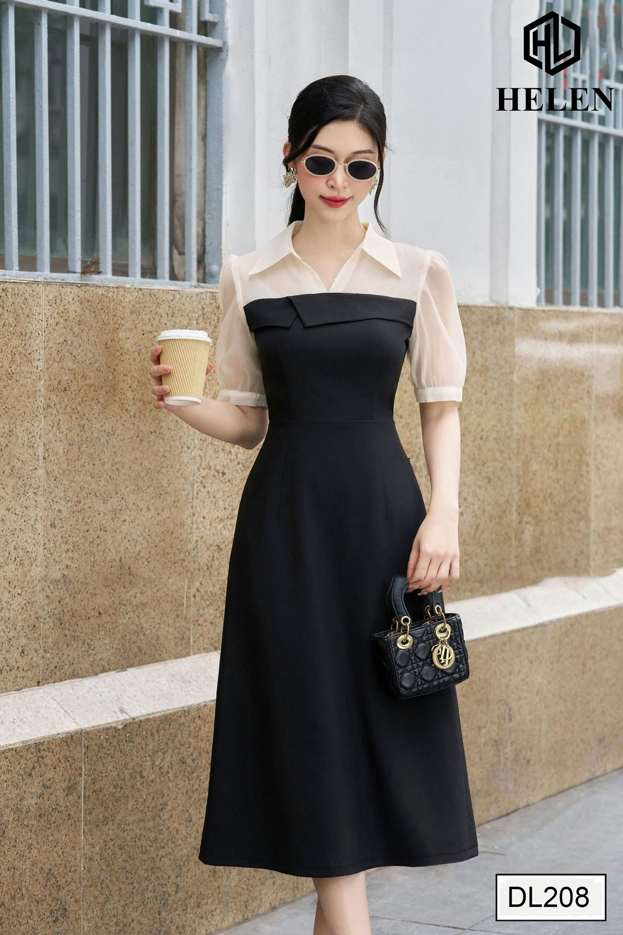 Đầm xòe màu đen phối kem cổ đức DL208