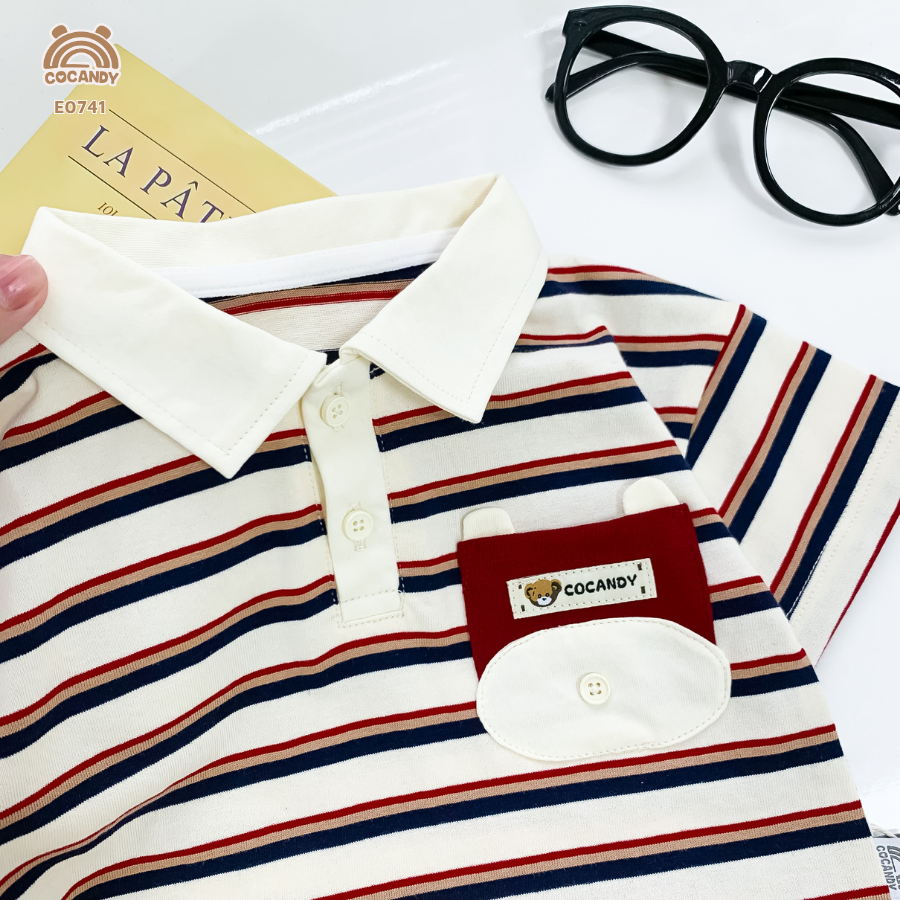 Áo cộc polo  kẻ ĐỎ BE túi gấu_thumbnail_4
