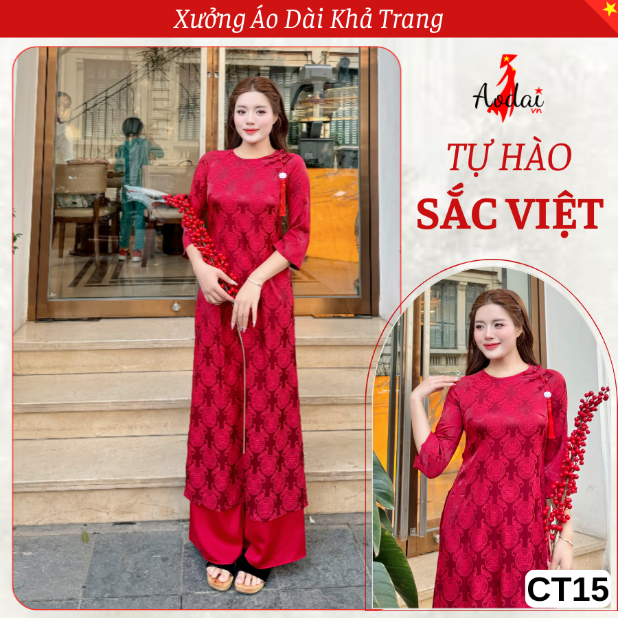 CT15 Áo Dài Cách Tân Gấm Dáng Suông Thọ Rơi Cổ Tròn Tay Lỡ