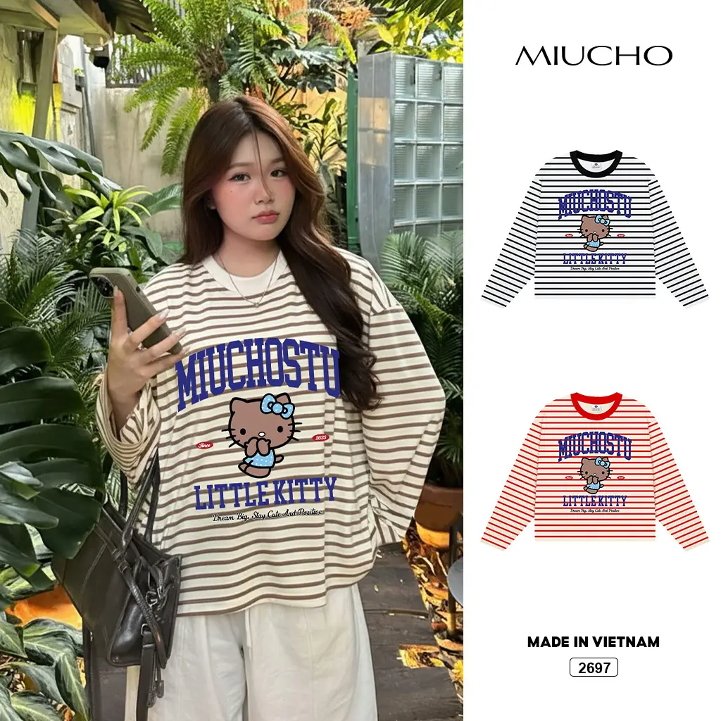 Áo thun boxy nữ tay dài Miucho vải bo rip thoáng mát cổ tròn Kitty đáng yêu in mix 2697
