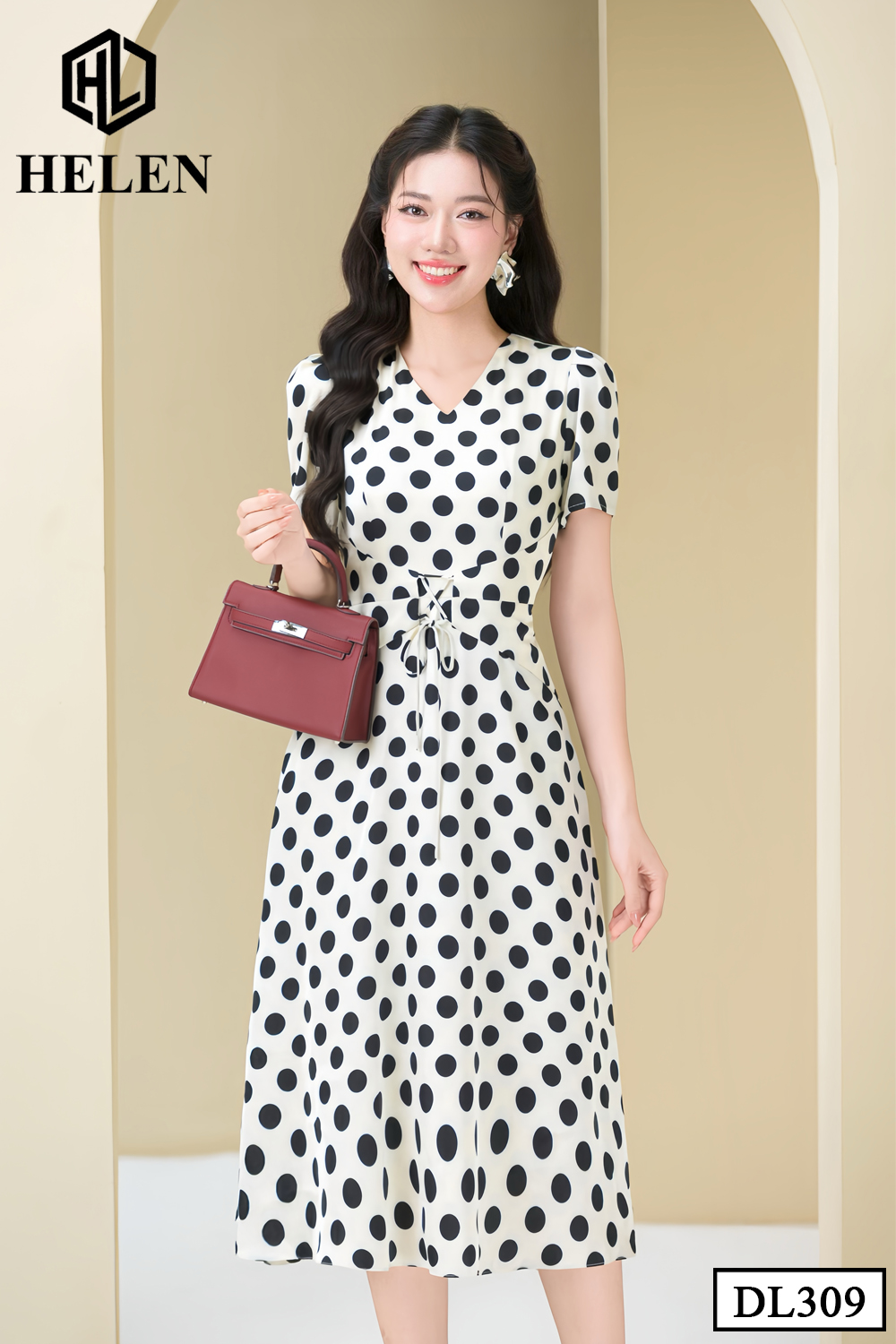Đầm xòe kem chấm bi to cổ V thắt nơ eo DL309