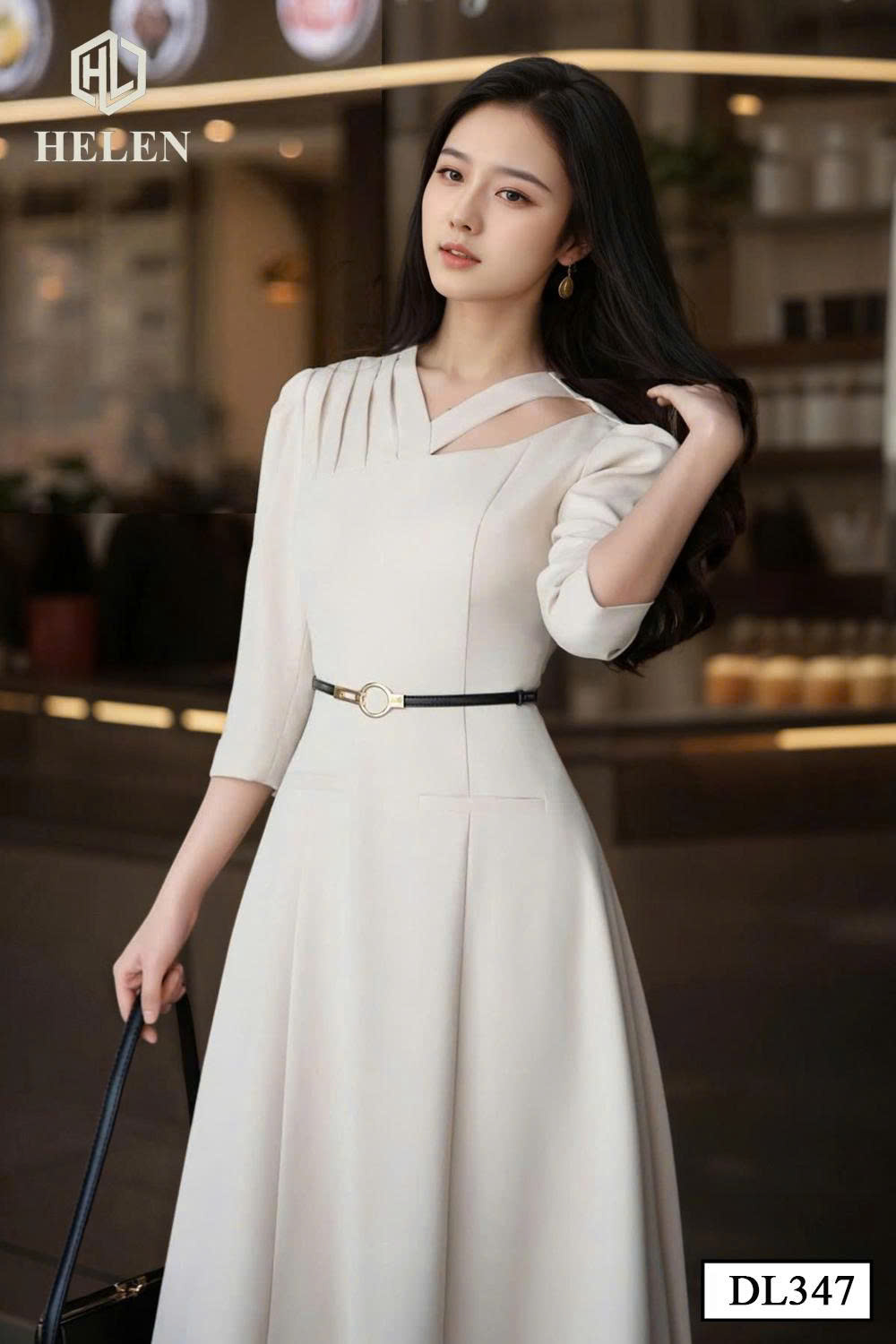 Đầm xòe màu trắng cổ cách điệu DL347