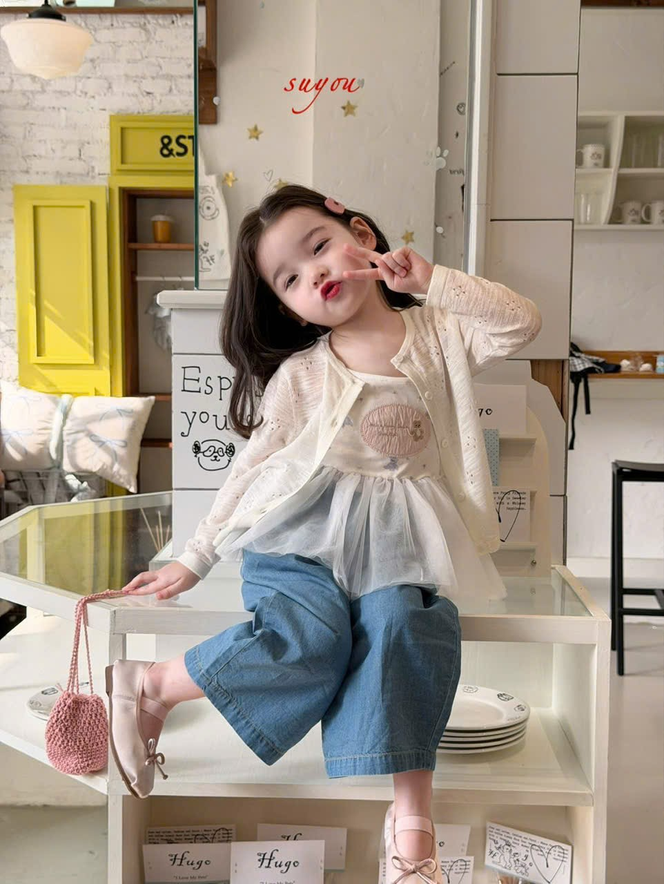 SU49 - Áo khoác len mỏng cài nút màu kem hãng Suyou