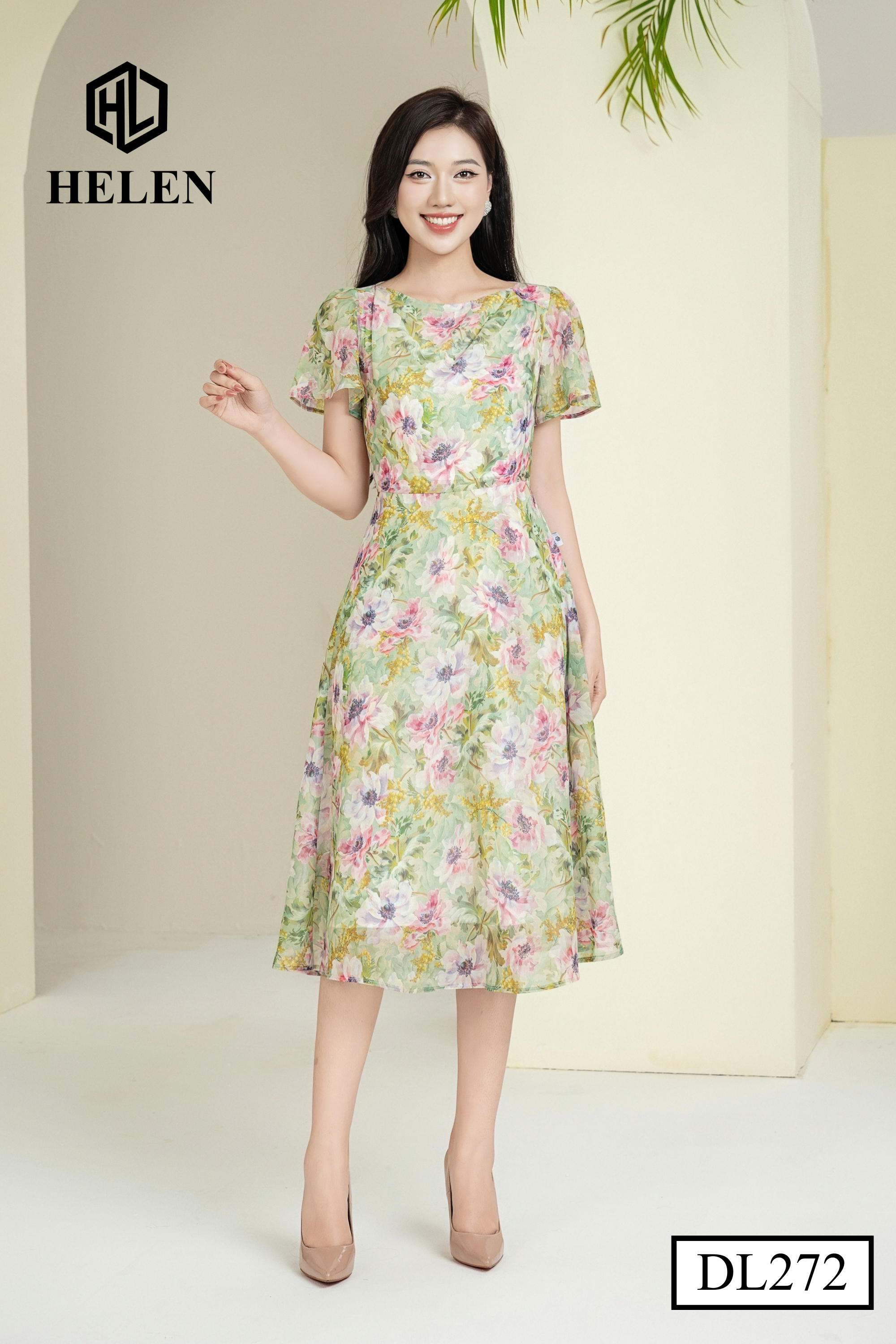 Đầm xòe hoa xanh cổ thuyển nhún vai DL272_thumbnail_2