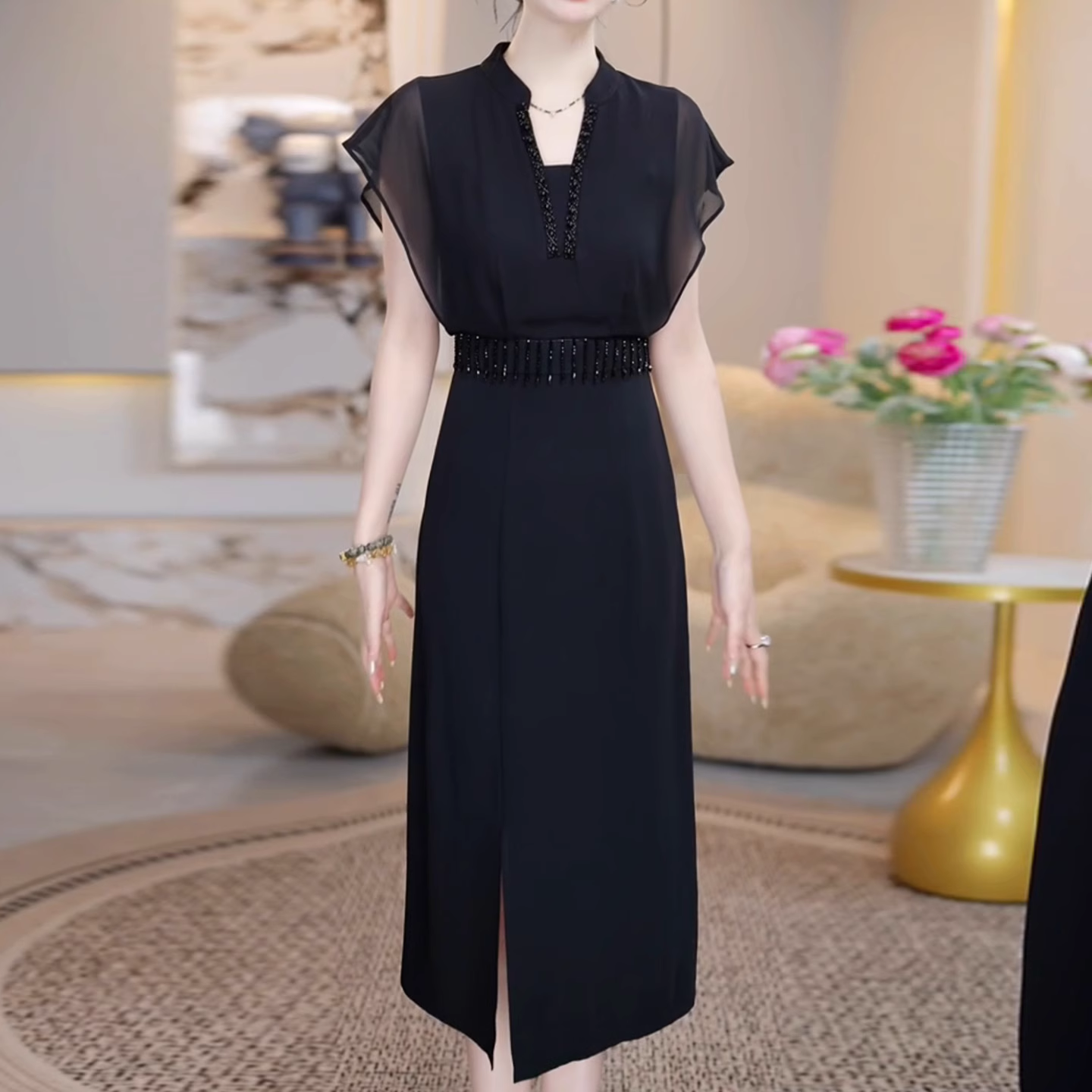 17155-Đầm suông dự tiệc tay voan cánh tiên, eo viền phụ kiện (thun poly 2 da, voan) 17155_thumbnail_0