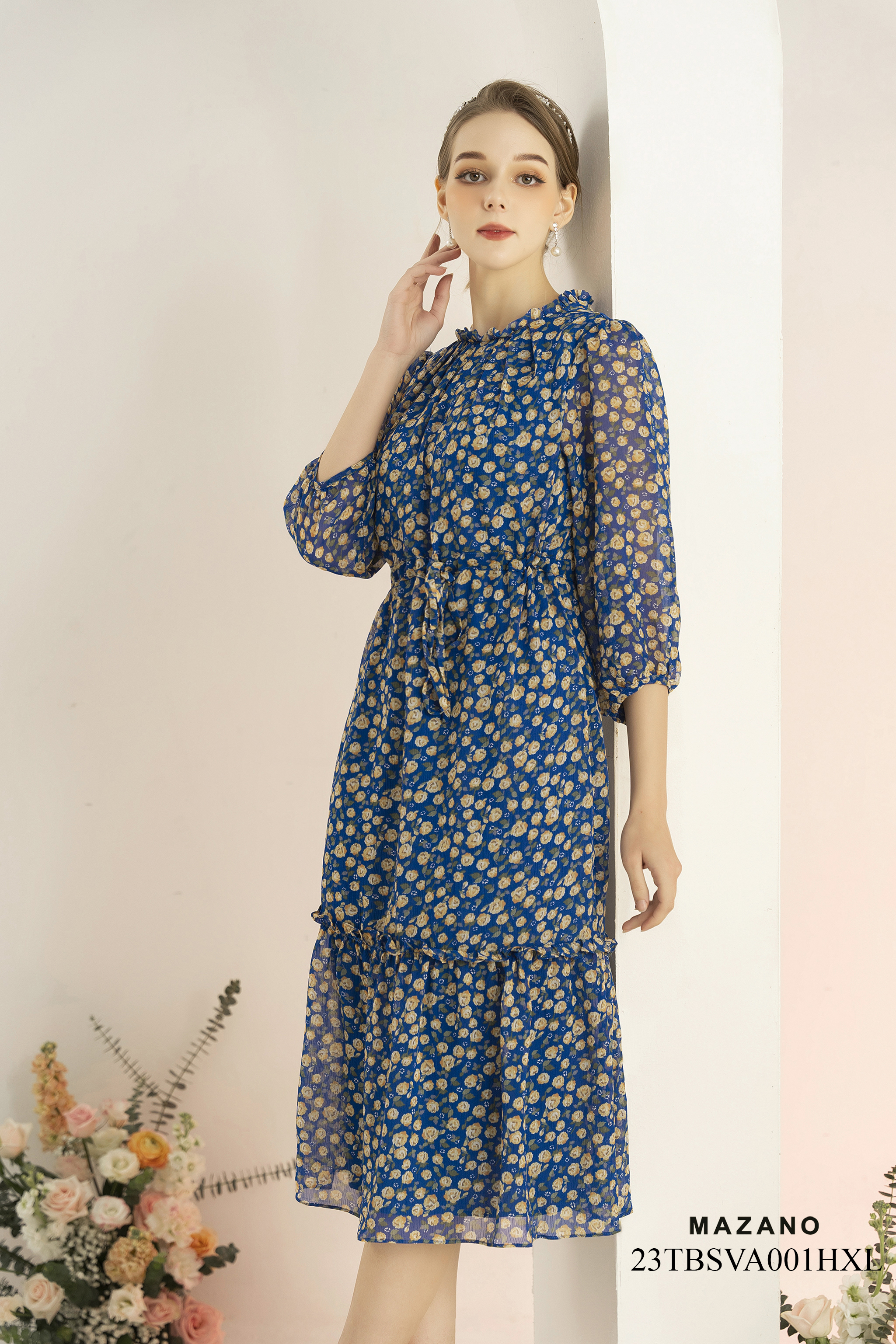 Đầm voan xanh thắt eo họa tiết hoa vàng_thumbnail_3