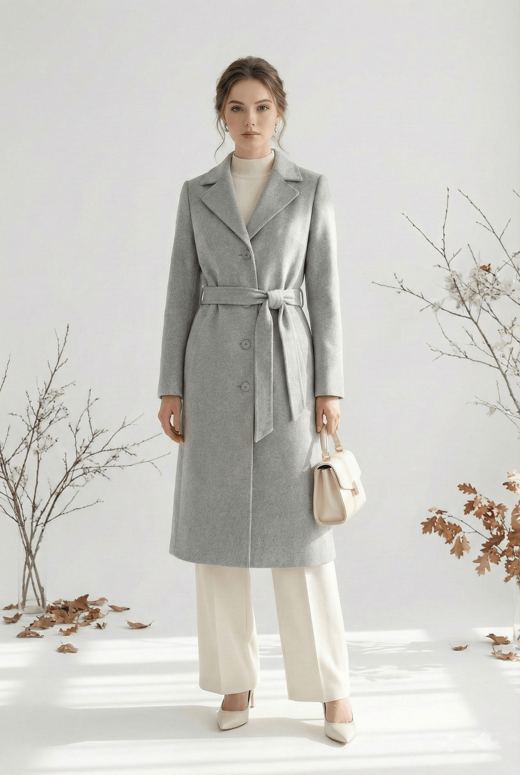 Áo măng tô thắt đai Vải dạ lông cừu Cổ bẻ 2 ve Cài khuy Dài trên bắp chân