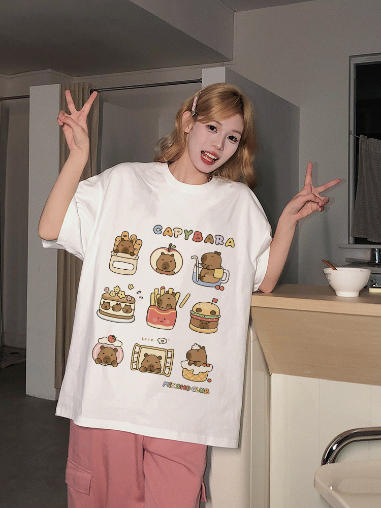 Áo thun chuột Capybara form rộng local brand ATD1224 Miucho tay ngắn vải cotton thoáng mát cổ tòn in mix_thumbnail_2