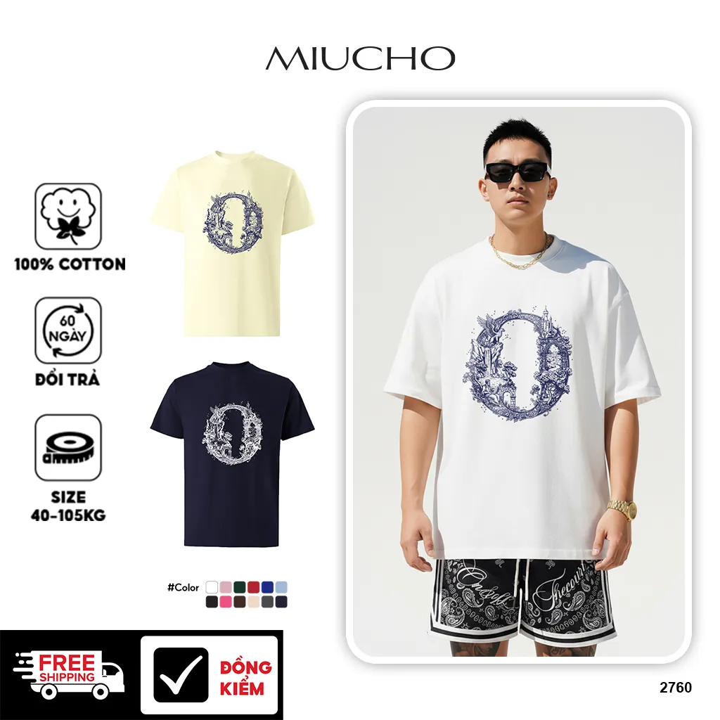 Áo thun nam oversize Miucho Iconic vải cotton mềm mại thấm hút tốt trẻ trung in chữ cái O dễ phối đồ 2760