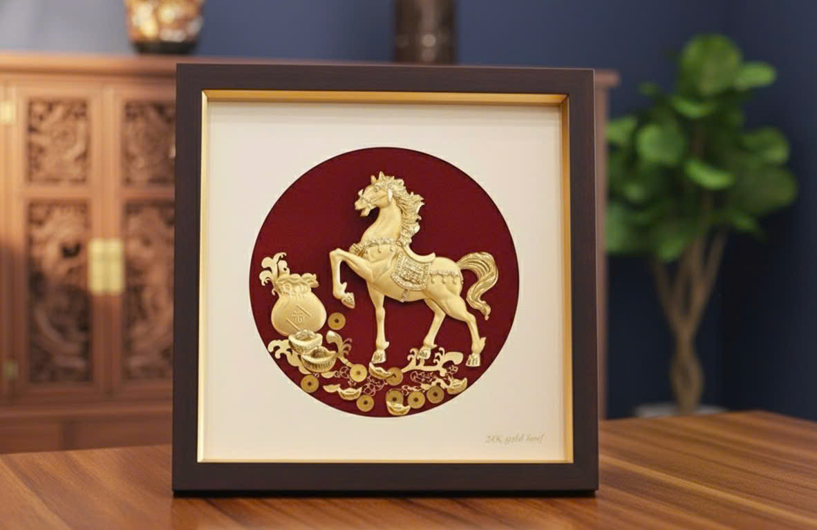 Tranh quà tặng ngựa mã đáo thành công mạ vàng 24k KT 30X 30CM 