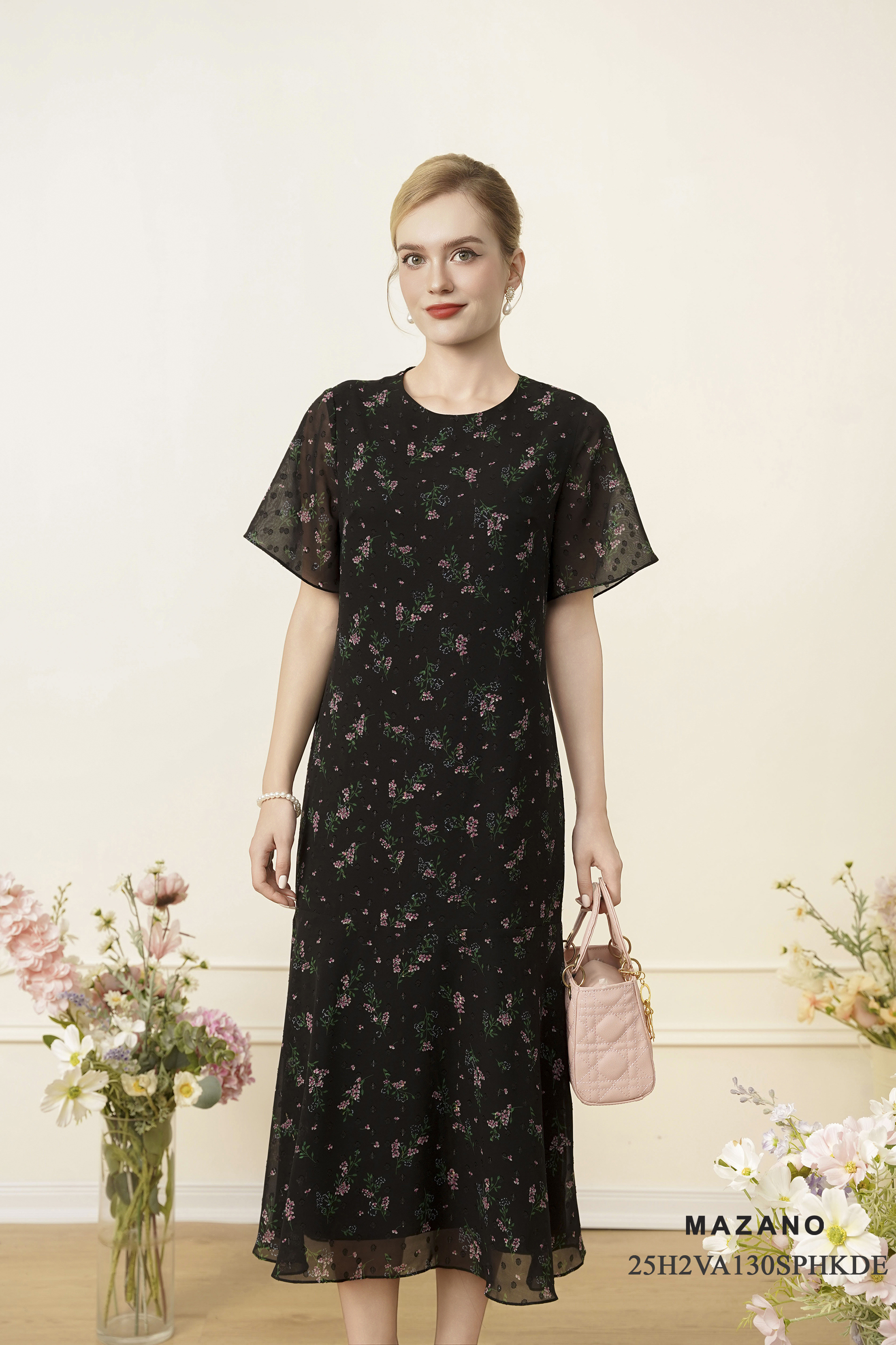 Váy Đầm Suông maxi Vải voan 3D Hoạ tiết hoa cách điệu Cổ tròn Tay ngắn Dài trên mắt cá chân