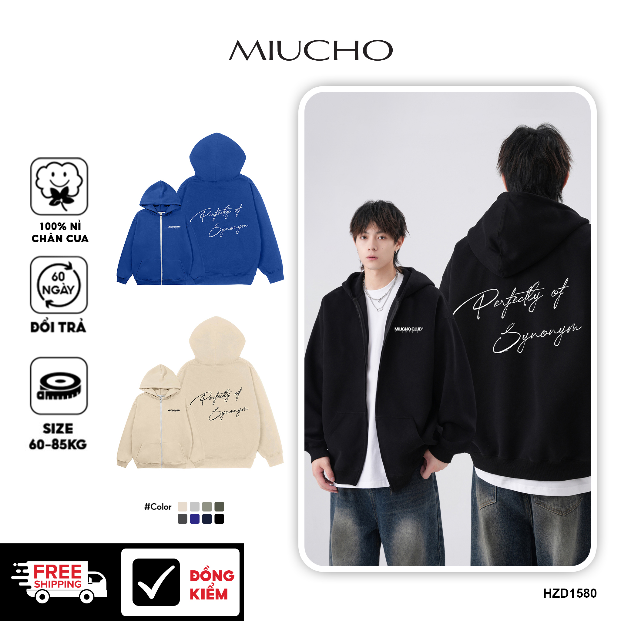Áo hoodie zip nam local brand form rộng HZD1580 Miucho Club vải nỉ chân cua dày dặn mũ rộng in basic