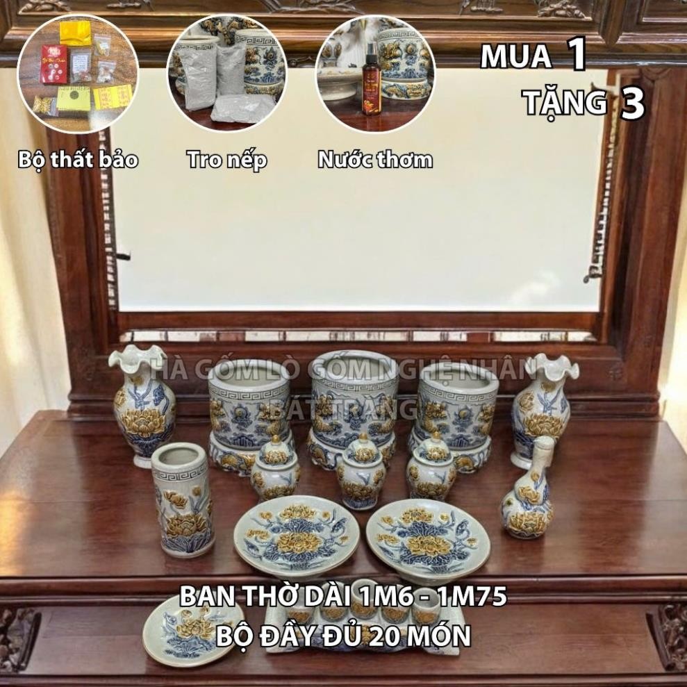 HG018 Đồ Thờ Cúng Bộ 20 món ban thờ 1M6 - 1M75 men rạn nổi nghệ nhân Bát Tràng chế tác TẶNG Thất Bảo, Tro Nếp