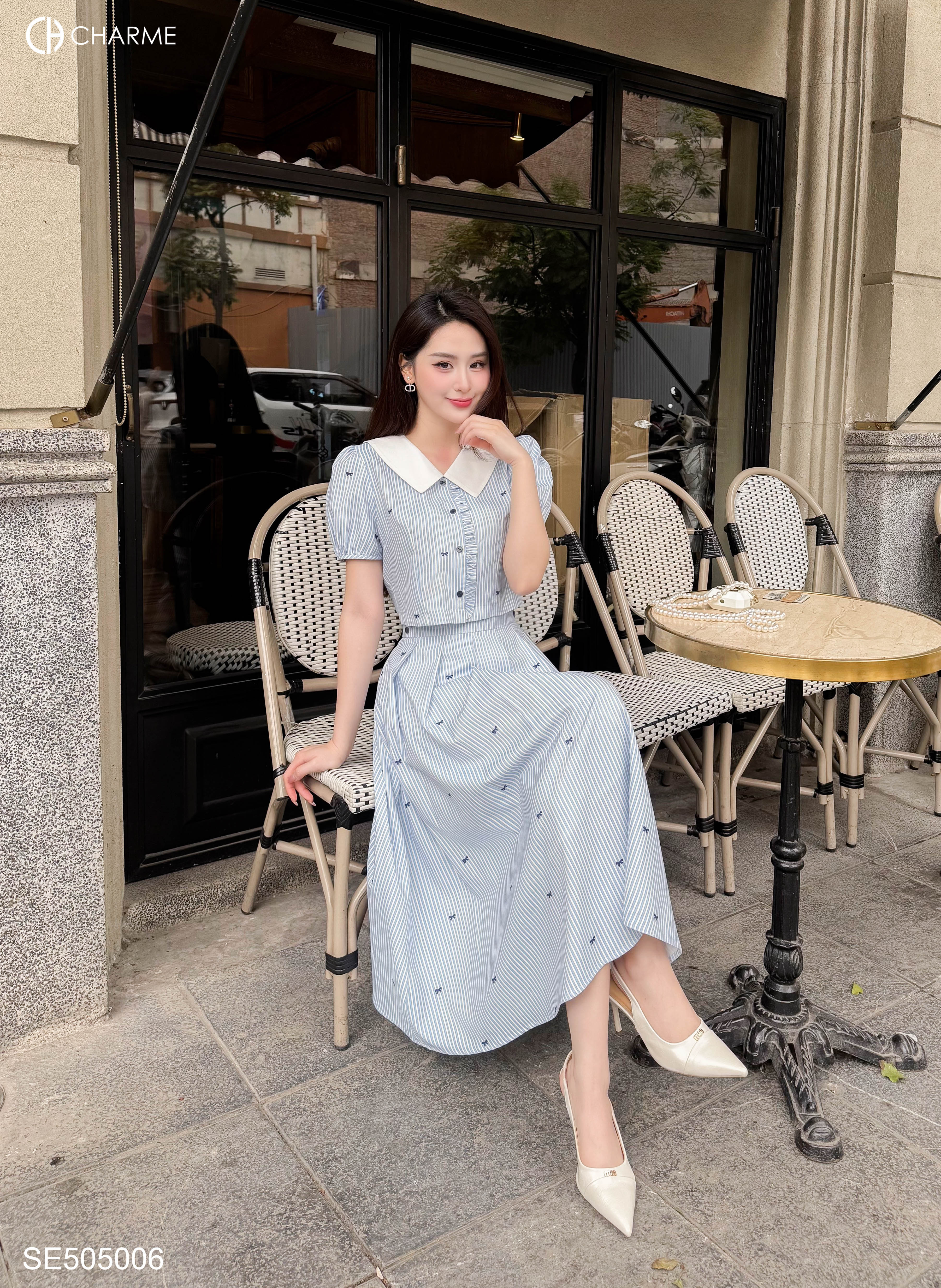 Set áo sơ mi cổ V chân váy xòe_thumbnail_1