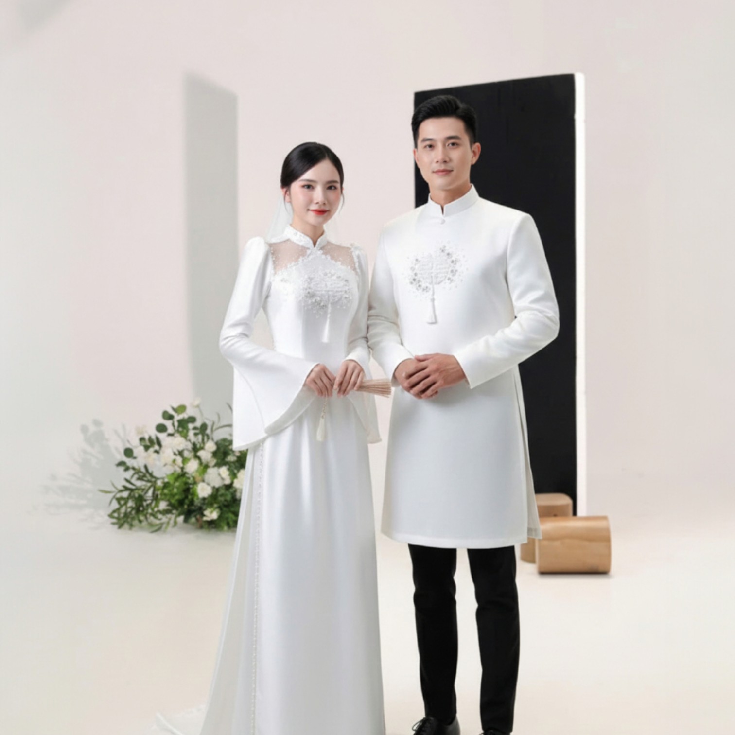Áo Dài Cặp Cô Dâu Chú Rể - Kết Chữ Hỷ - Sang Trọng, Màu Trắng AC25-01
