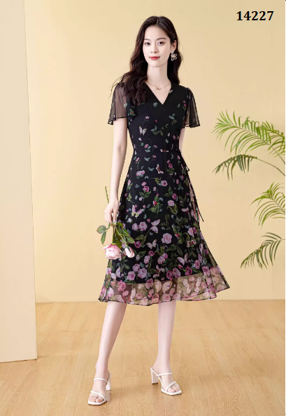 14227-Đầm voan tay tiên cổ V in họa tiết hoa hồng (voan,lót)_thumbnail_2