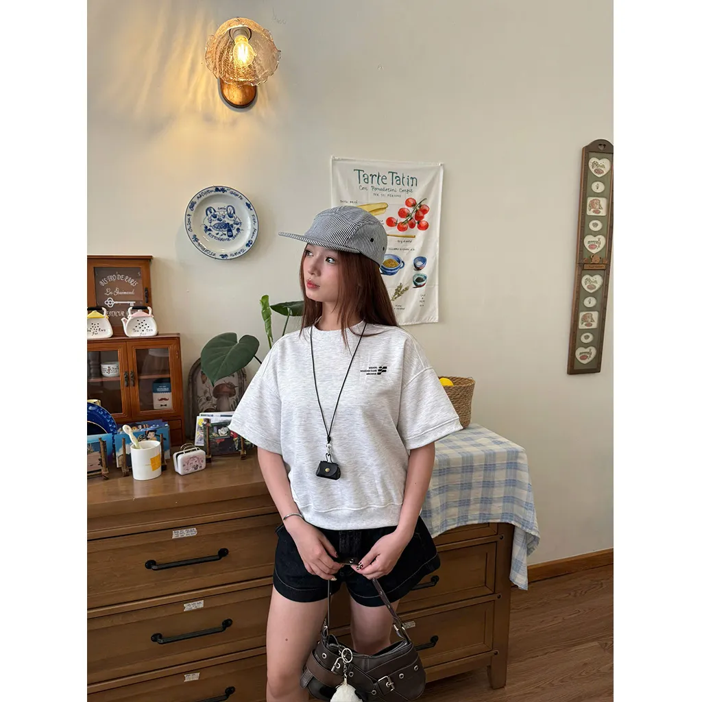 Áo sweater tay ngắn form boxy basic nhiều màu 2599 Miucho tay ngắn cổ tròn vải nỉ 2 da thoáng mát in basic_thumbnail_3