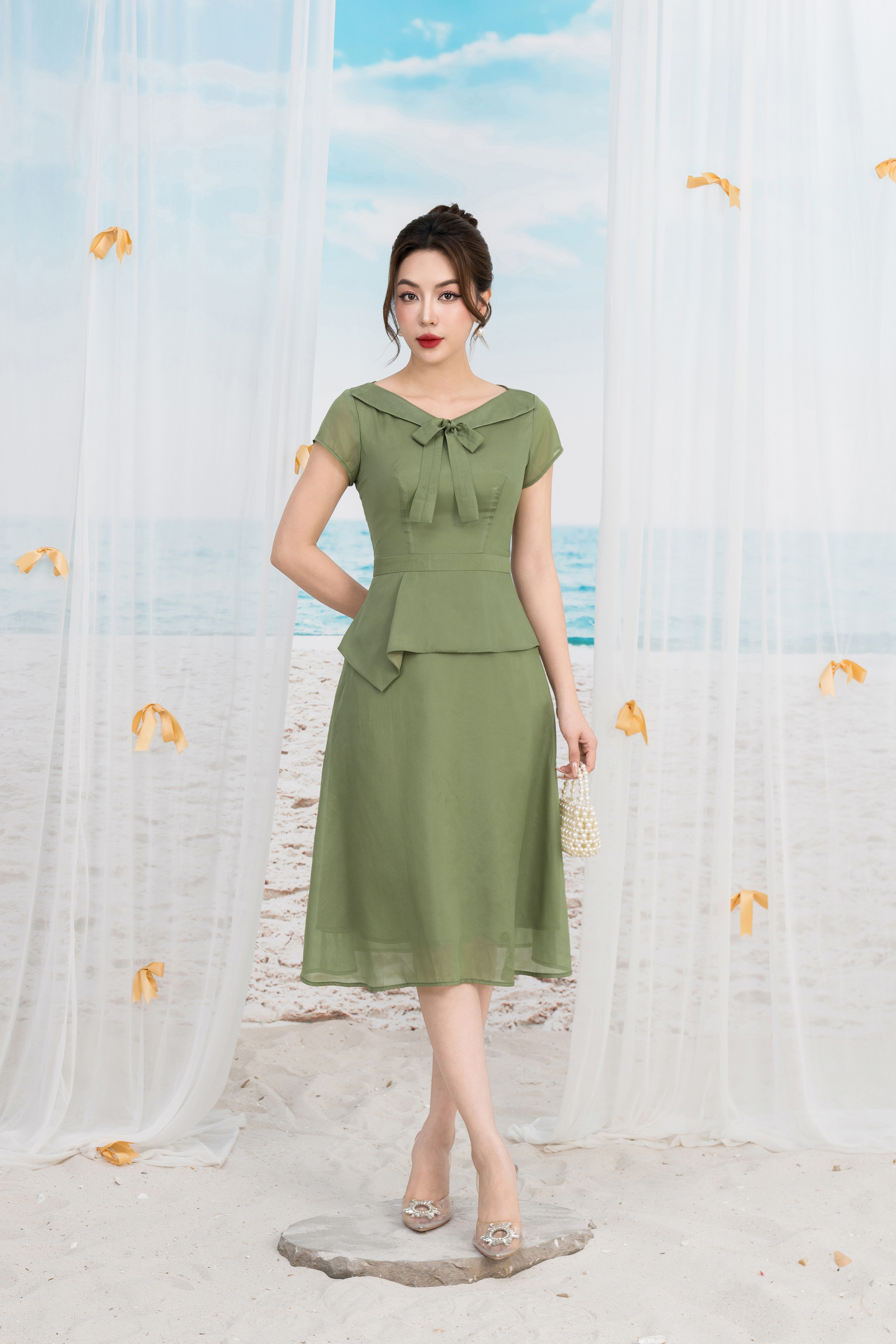 Đầm xoè peplum xanh cổ nơ cách điệu_thumbnail_2