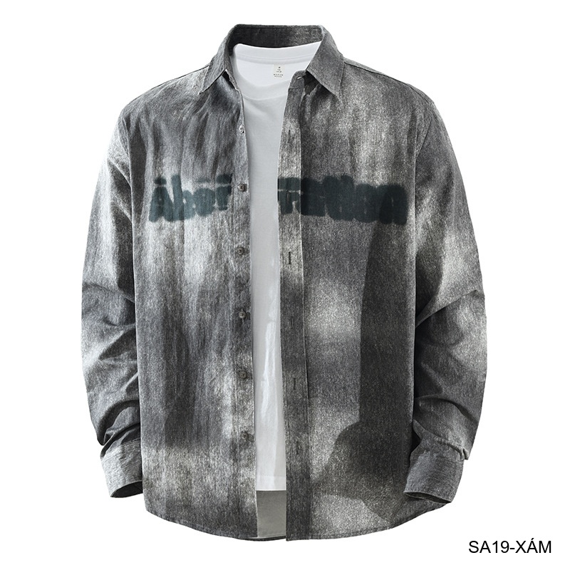 SA19 - Áo sơ mi nam dáng rộng phong cách streetwear, họa tiết in chữ, chất cotton mềm mại