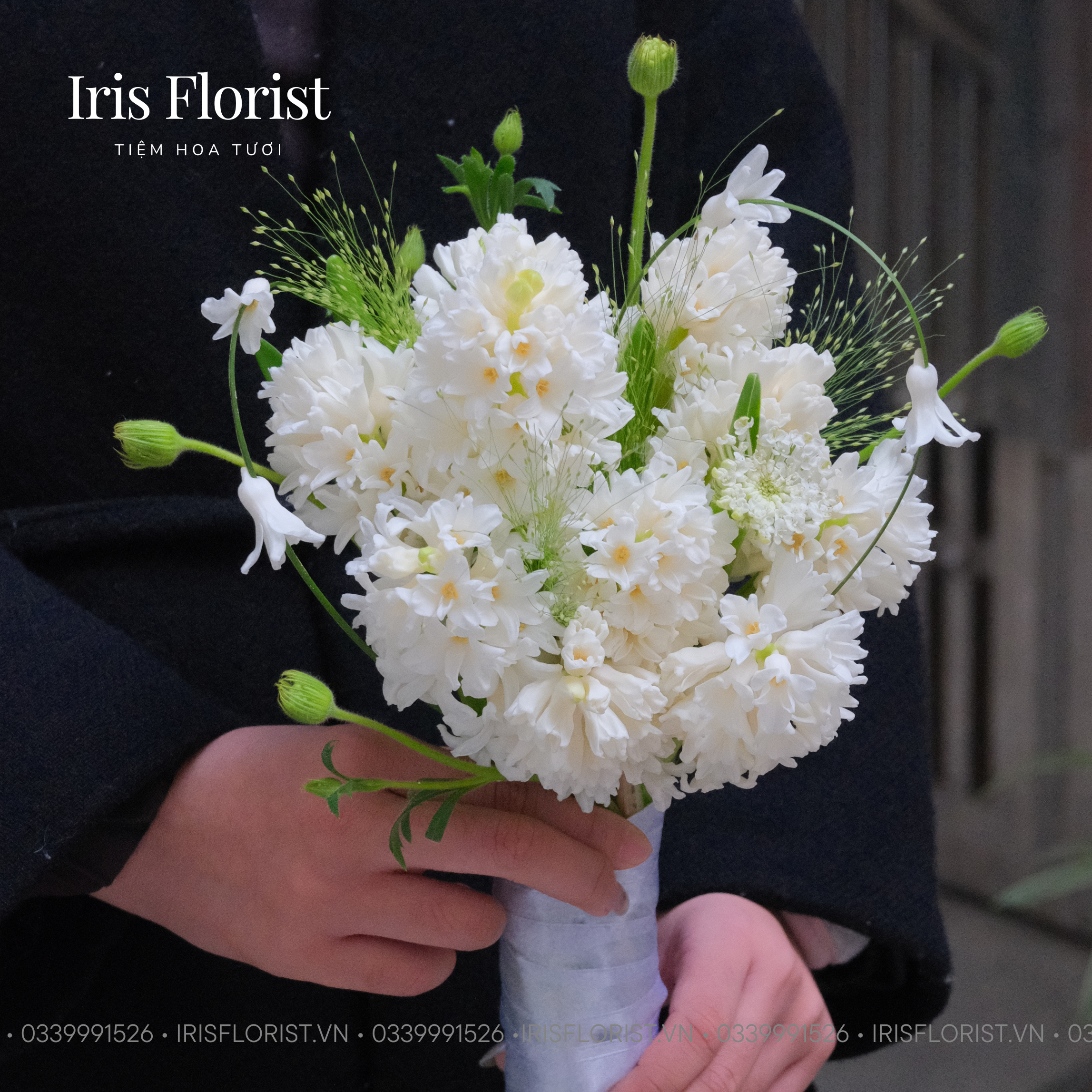 Bó hoa cưới Dạ lan hương trắng mix hoa phụ