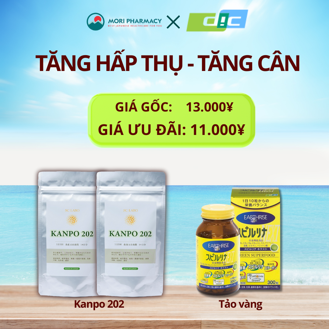 Combo tăng hấp thụ + bổ dưỡng chất ( 1 thág kanpo 202 + Tảo 300 viên)