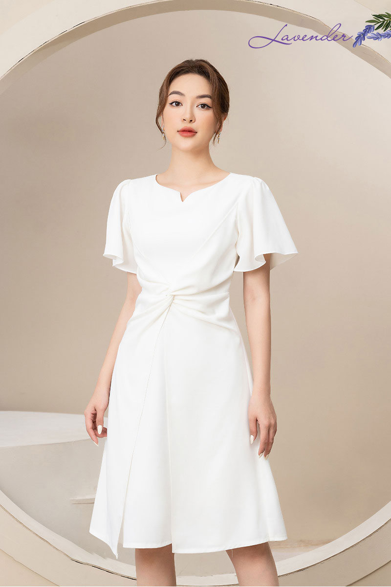 Đầm xòe công sở Thời trang Lavender cổ xẻ xoắn eo tay bèo chất co giãn D2433_thumbnail_1